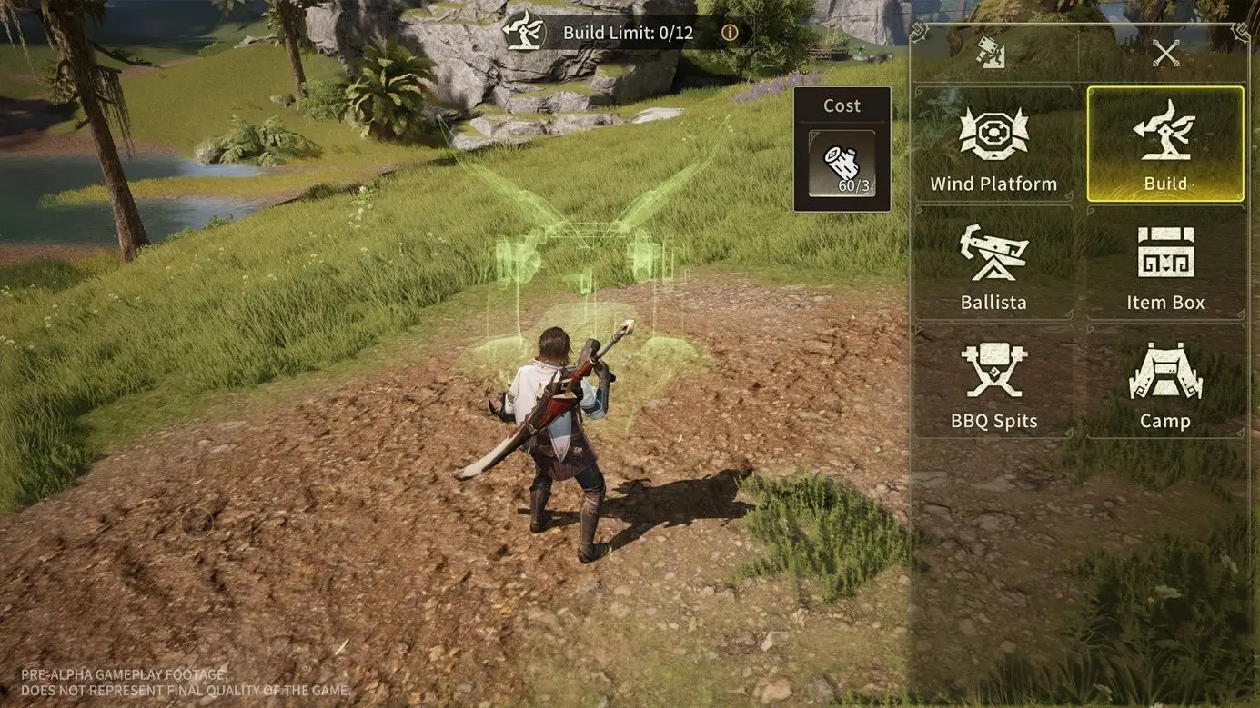 Pre-alpha build menu in the field listing the Wind Platform, Ballista, Item Box, BBQ Spits and Camp