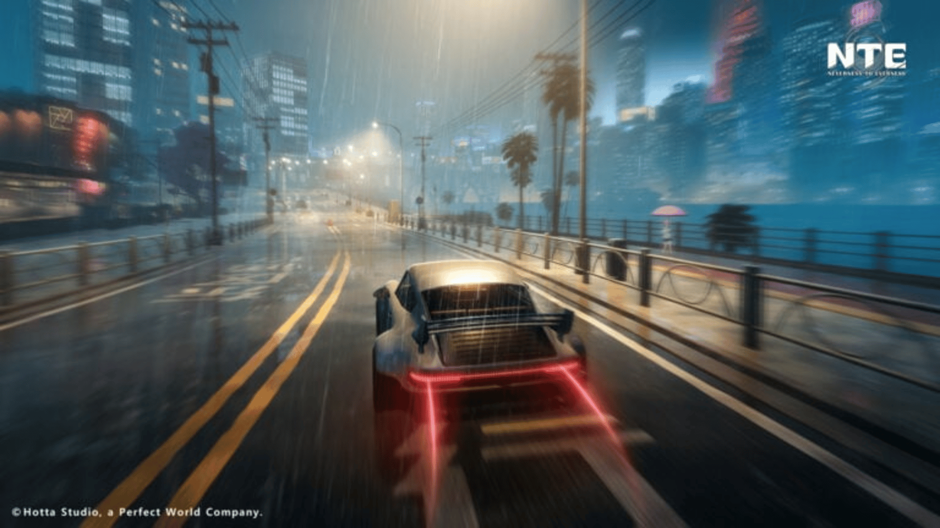 Driving a vehicle through rainy city streets at night in Neverness to Everness