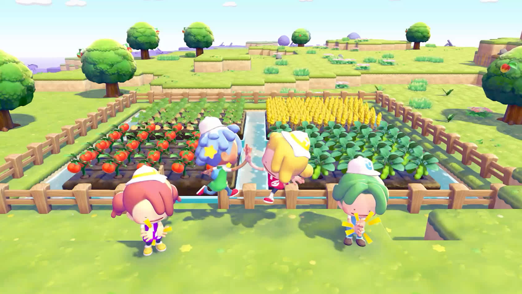 Ditto celebrating with Pokemon in a fully grown crop field showing the farming and gardening gameplay