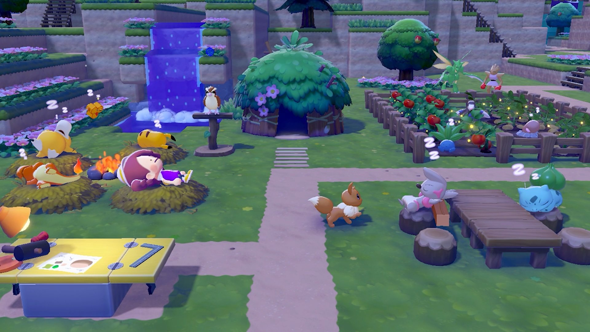 Nighttime scene showing sleeping Pokemon in decorated habitats with waterfall, flower gardens, and Eevee walking along a path