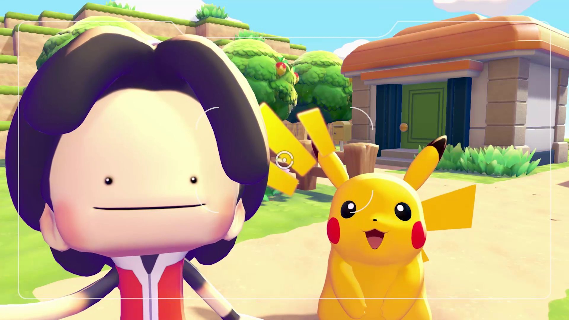 A player taking a photo mode selfie with a happy Pikachu in front of a house in Palette Town
