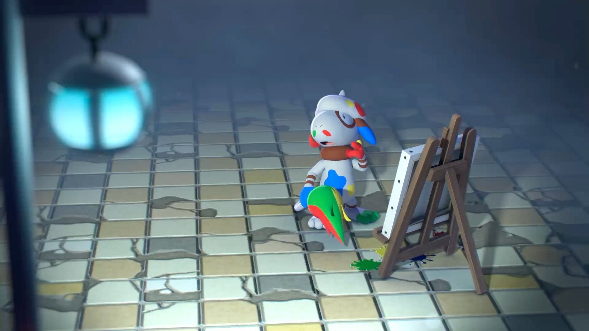 Smearguru painting at an easel in the town plaza with its flame-tipped tail brush and paint-splattered body