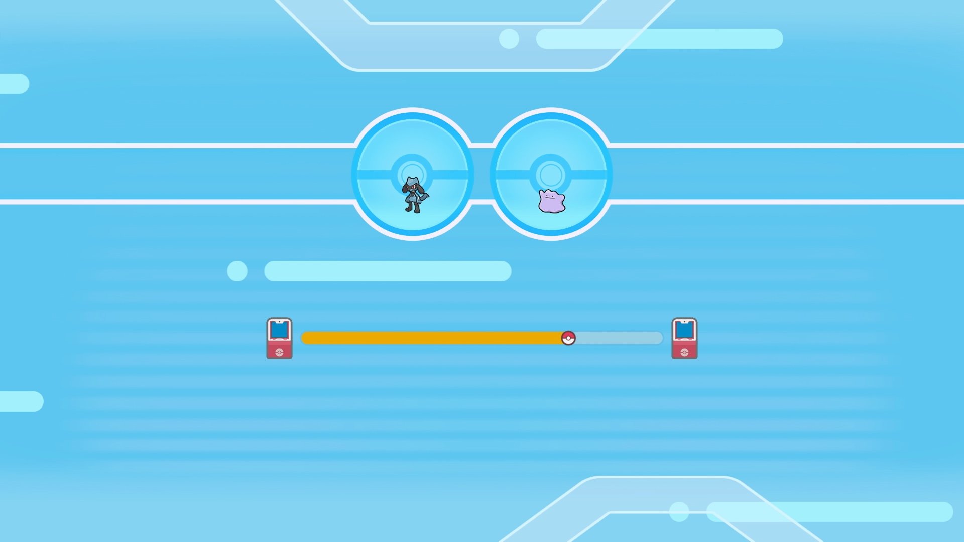 Pokemon trading interface showing two players exchanging Pokemon with a Pokeball progress bar and Pokedex icons