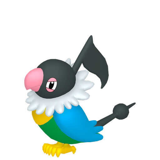 Chatot sprite from Pokemon Pokopia showing the Music Note Pokemon with Fly and Hype specialties