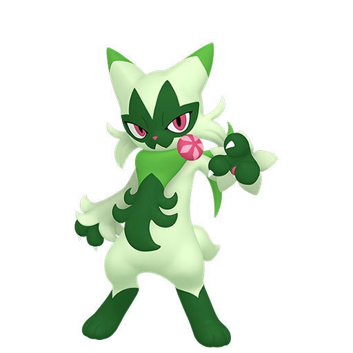 Floragato sprite from Pokemon Pokopia showing the Grass Cat Pokemon with Grow specialty