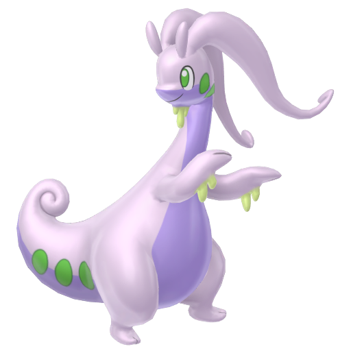 Goodra sprite from Pokemon Pokopia showing the Dragon Pokemon with Water and Trade specialties