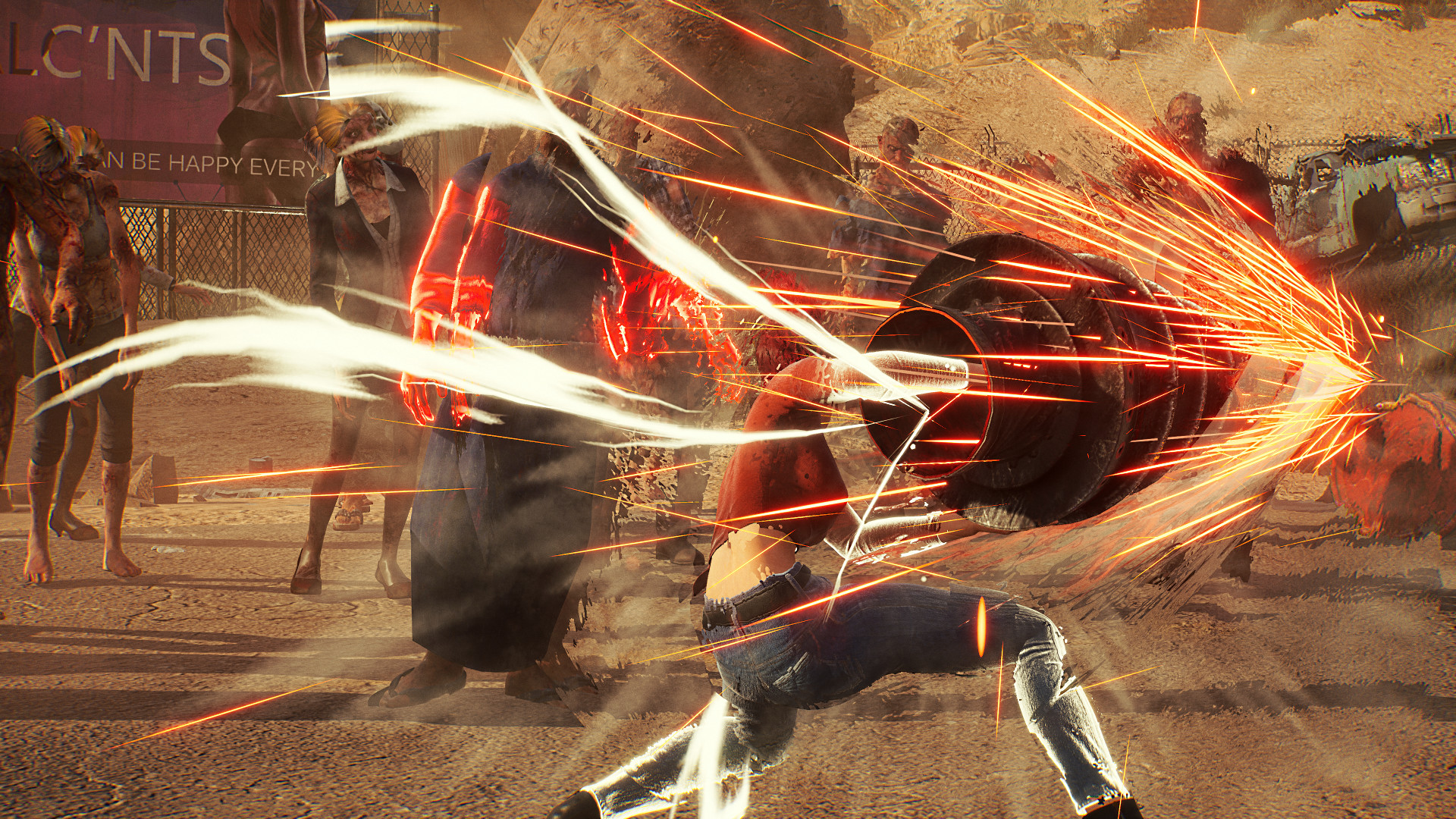 A close view of the drill weapon spinning into a zombie at point blank range, throwing off a spray of orange sparks