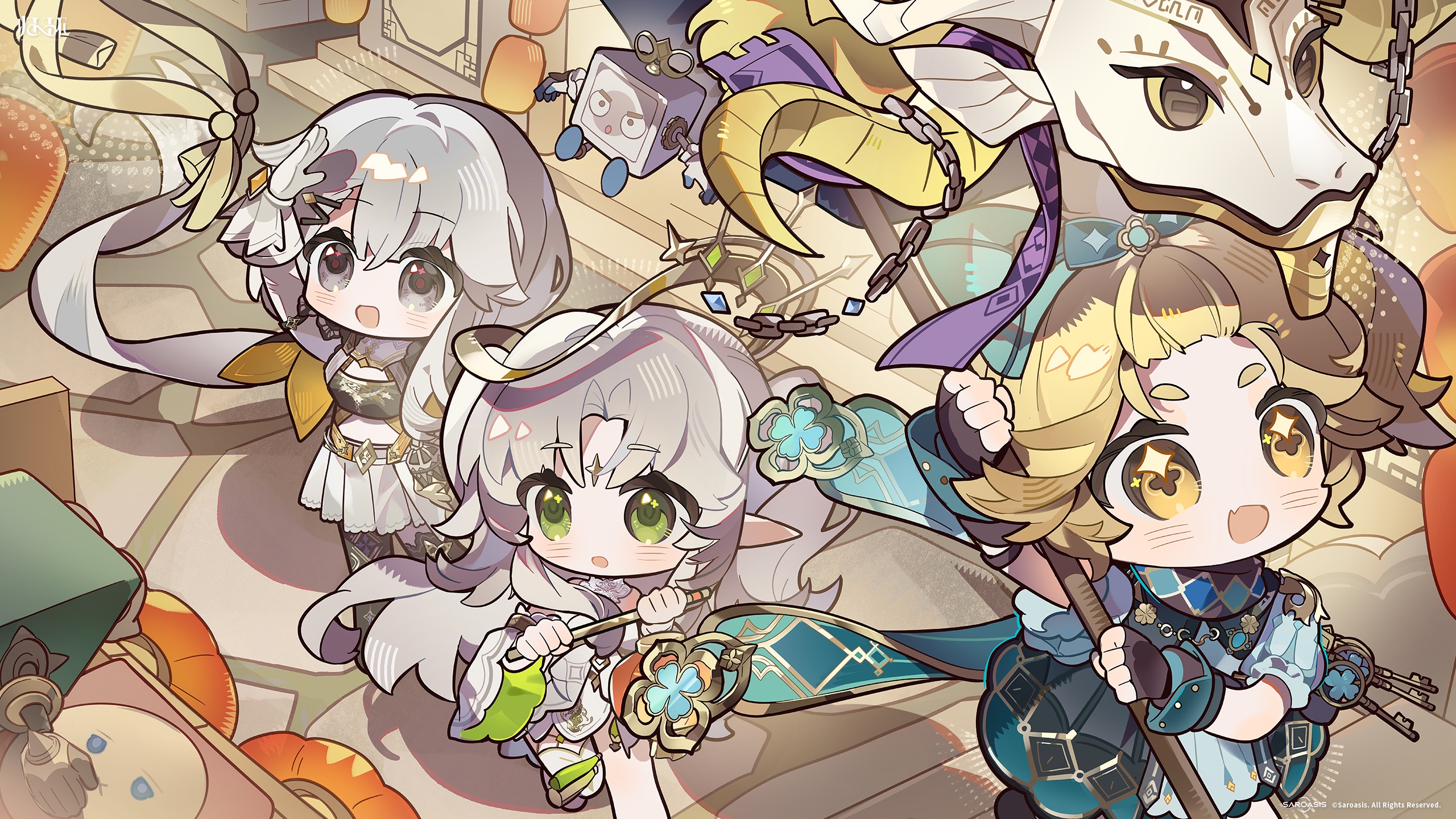 Official Rewinding Cadence wallpaper of Pata in chibi form, blonde with a teal bow, riding the horned golden goat spirit Golden Fleece above a city square with a fountain while coins scatter and a dog-faced balloon and fish creatures float nearby.