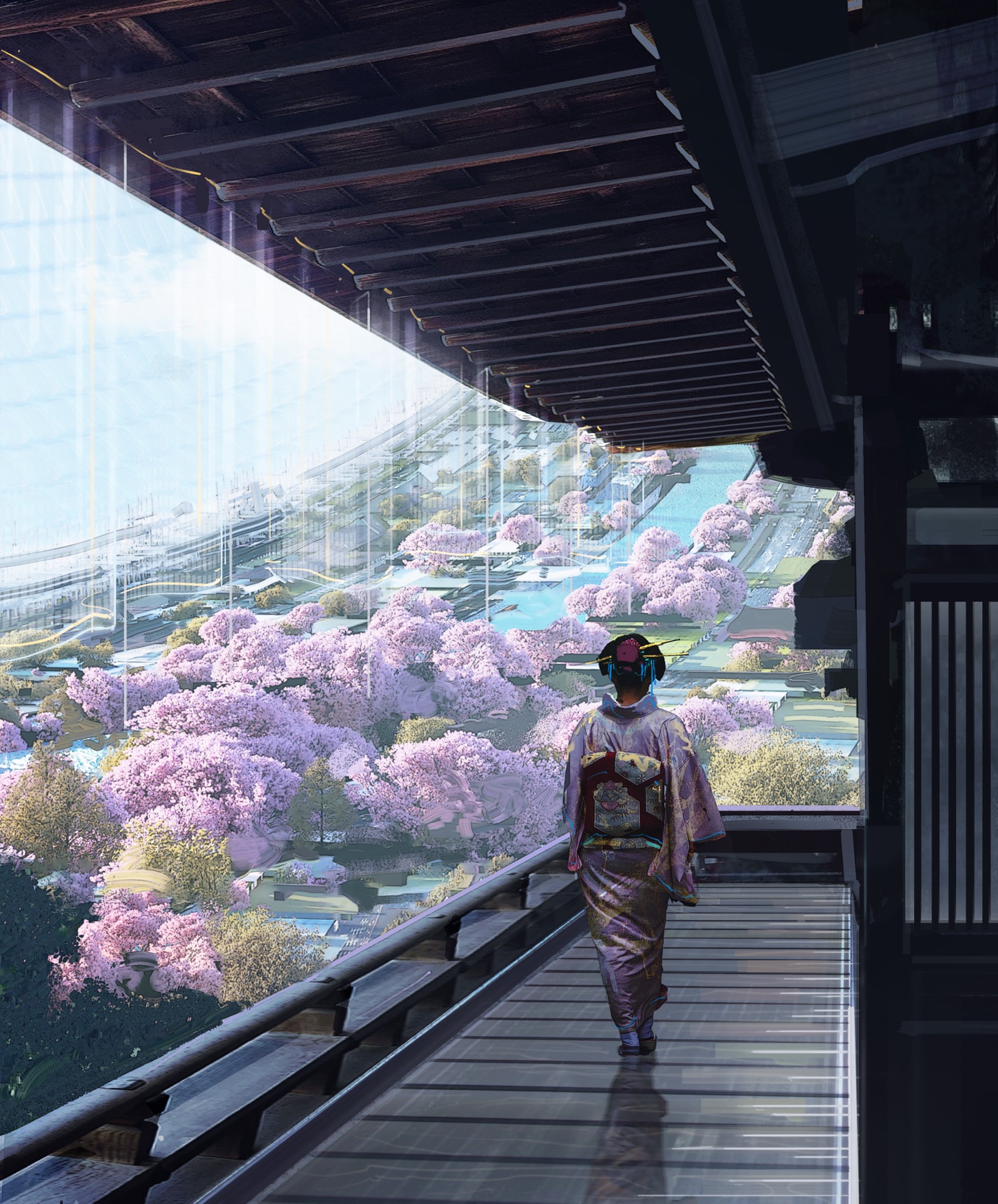 Concept art of the Tennoji clan residence in Shin-Edo: a woman in a patterned kimono with ornate hairpins walks the covered veranda above a district of cherry blossom, canals and roads that curves upward into the distance