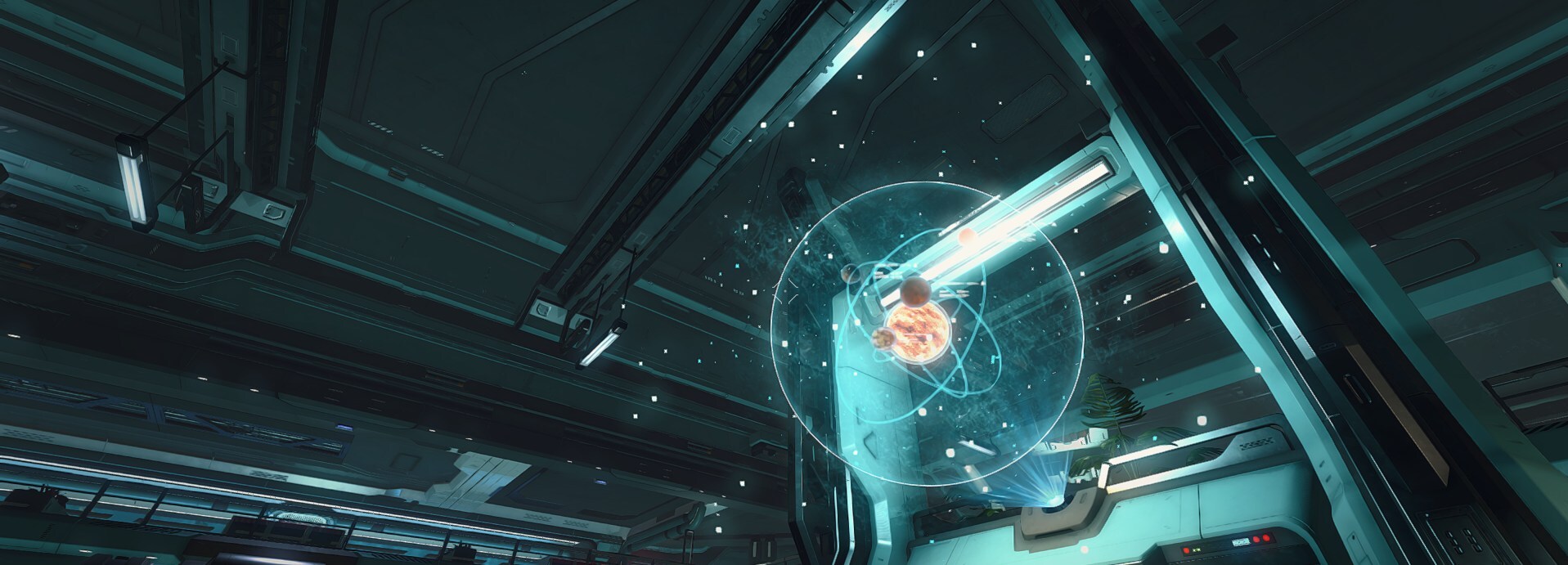 A station interior seen from below, with a glowing holographic projection of a star system suspended between structural beams under strip lighting