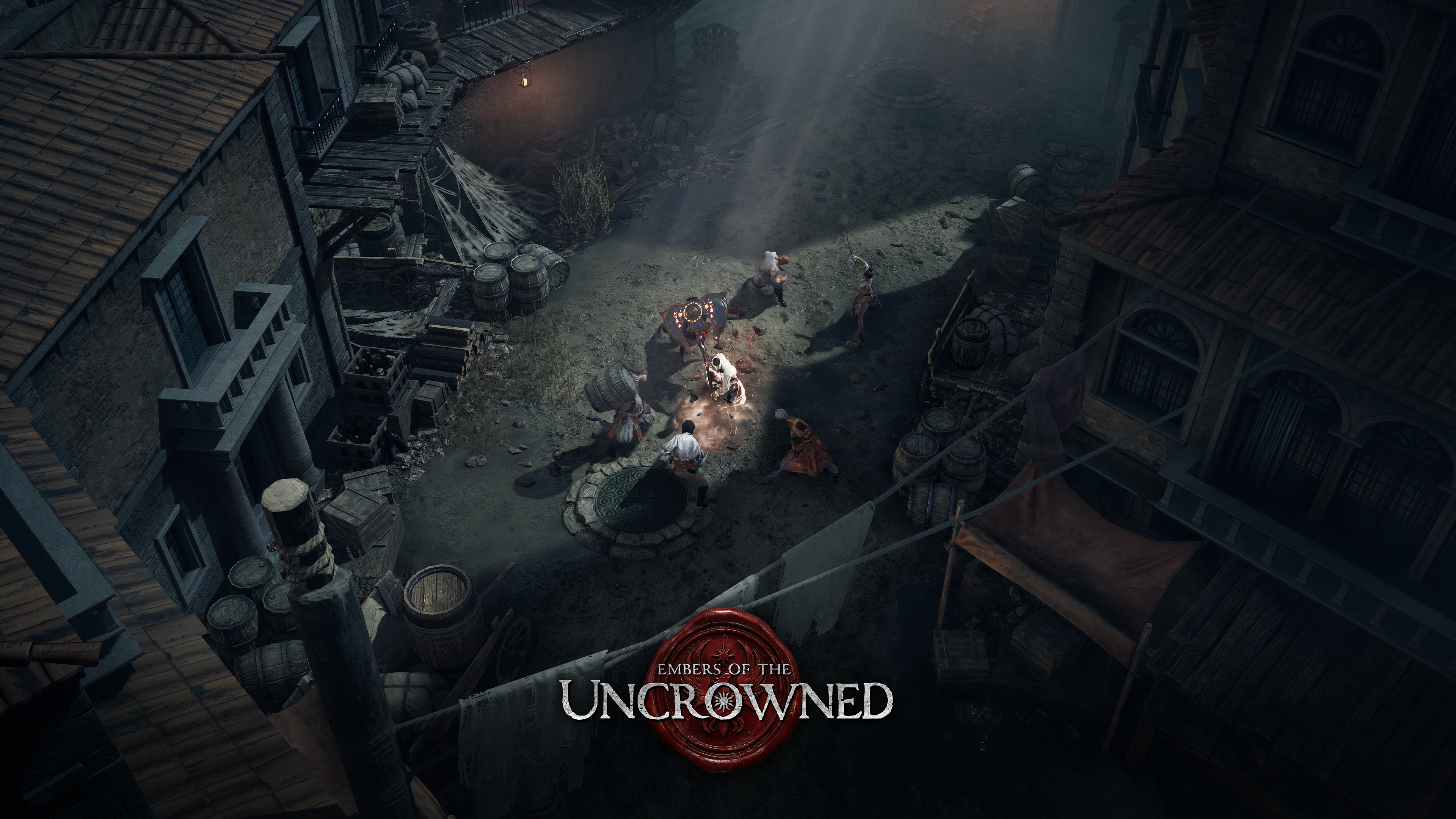 Player engages enemies in a narrow village alley