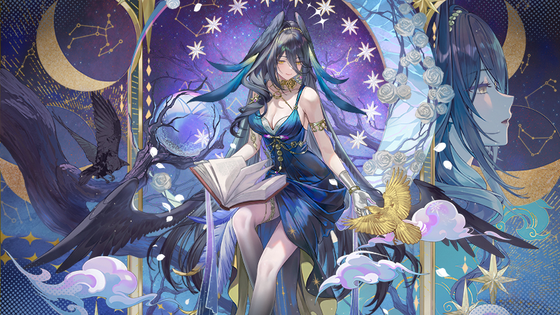 Blackbird in her Wandering Stars outfit, a dark blue starry gown, seated with an open book among crows, constellations and crescent moons