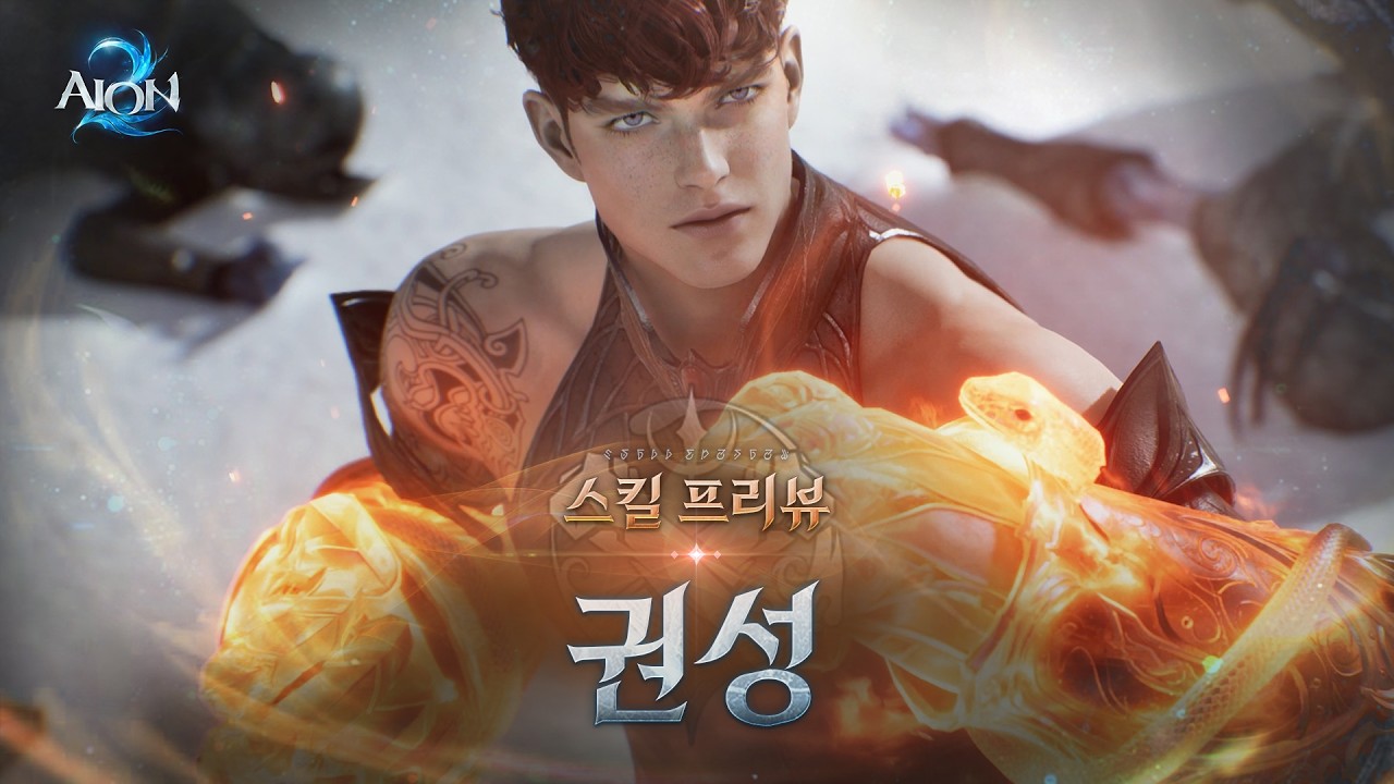 Brawler skill preview art showing a red haired fighter with tattooed arms and a burning gauntlet, with Korean text reading skill preview and the class name
