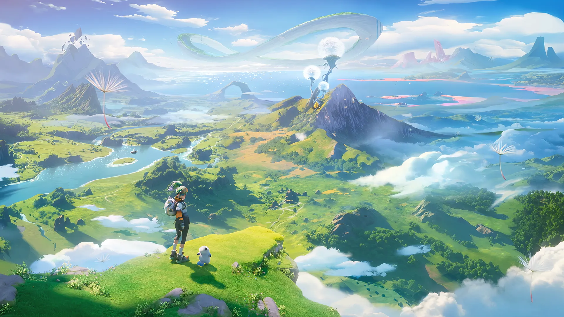 A sweeping view over the continent of Idyll, with layered green highlands, waterfalls and cloud-wrapped peaks