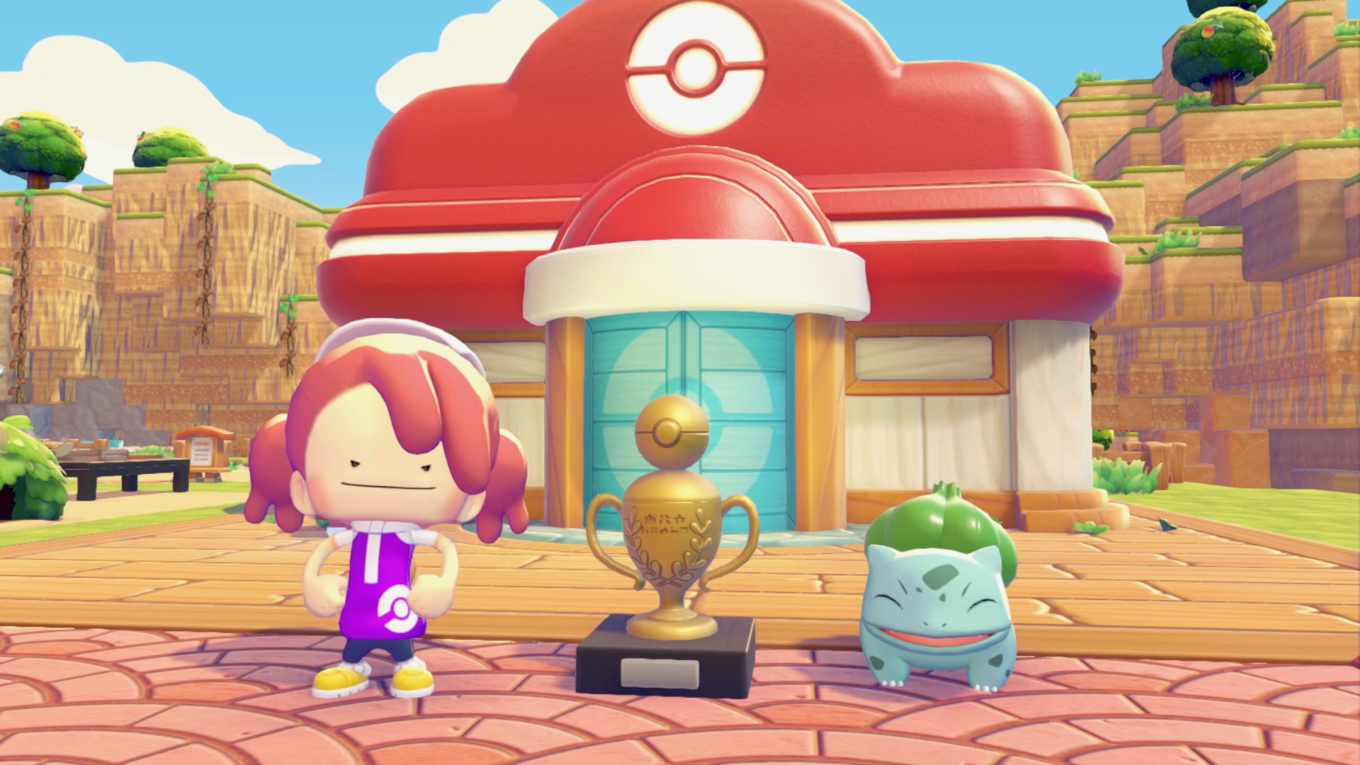 Ditto and Bulbasaur standing beside the Jump Rope Trophy in front of a Pokemon Center during the September 2026 Jump Rope Contest