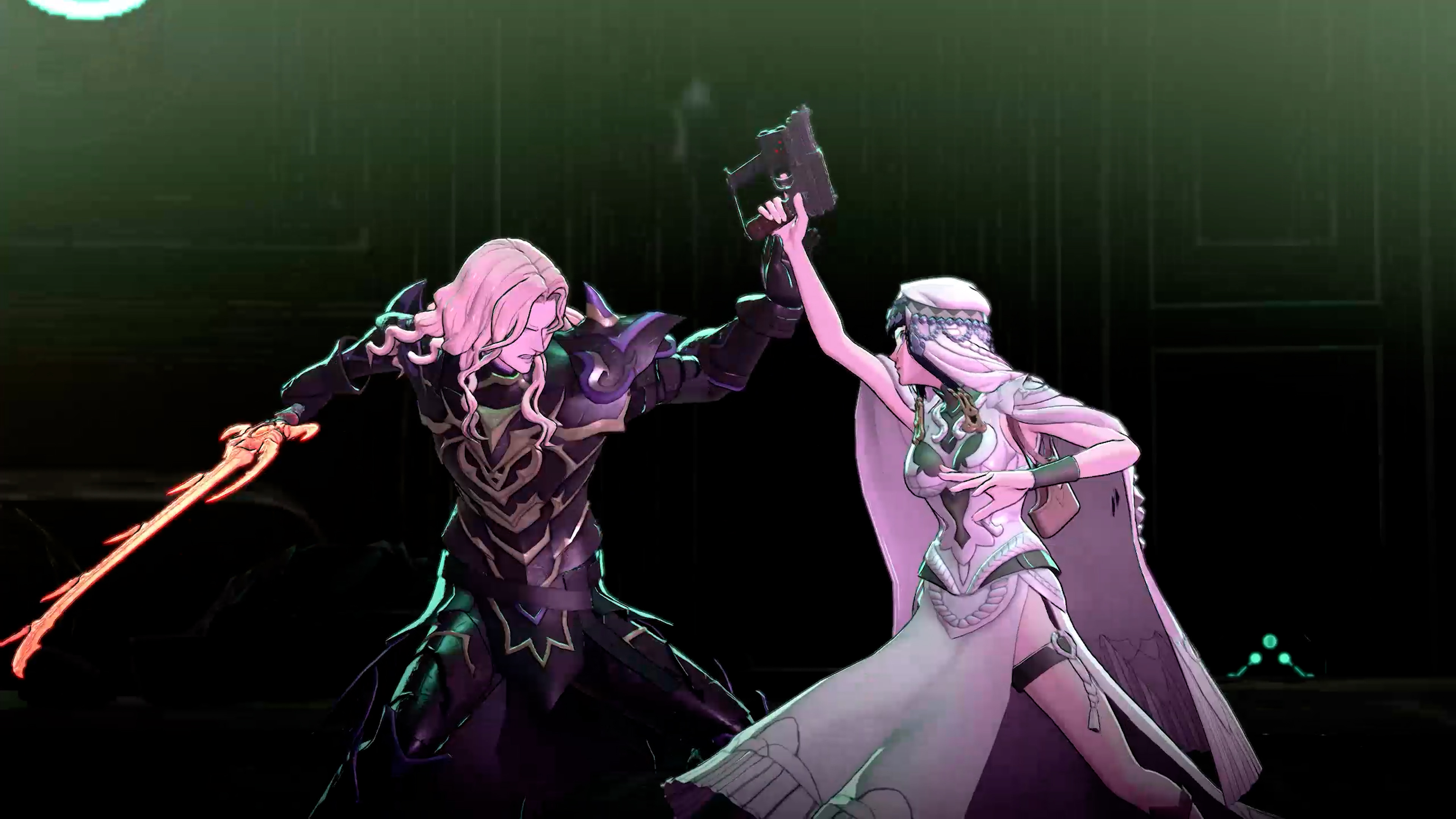 Anatolia raising a handgun against Dietrich, who holds a glowing red blade low, during a night duel