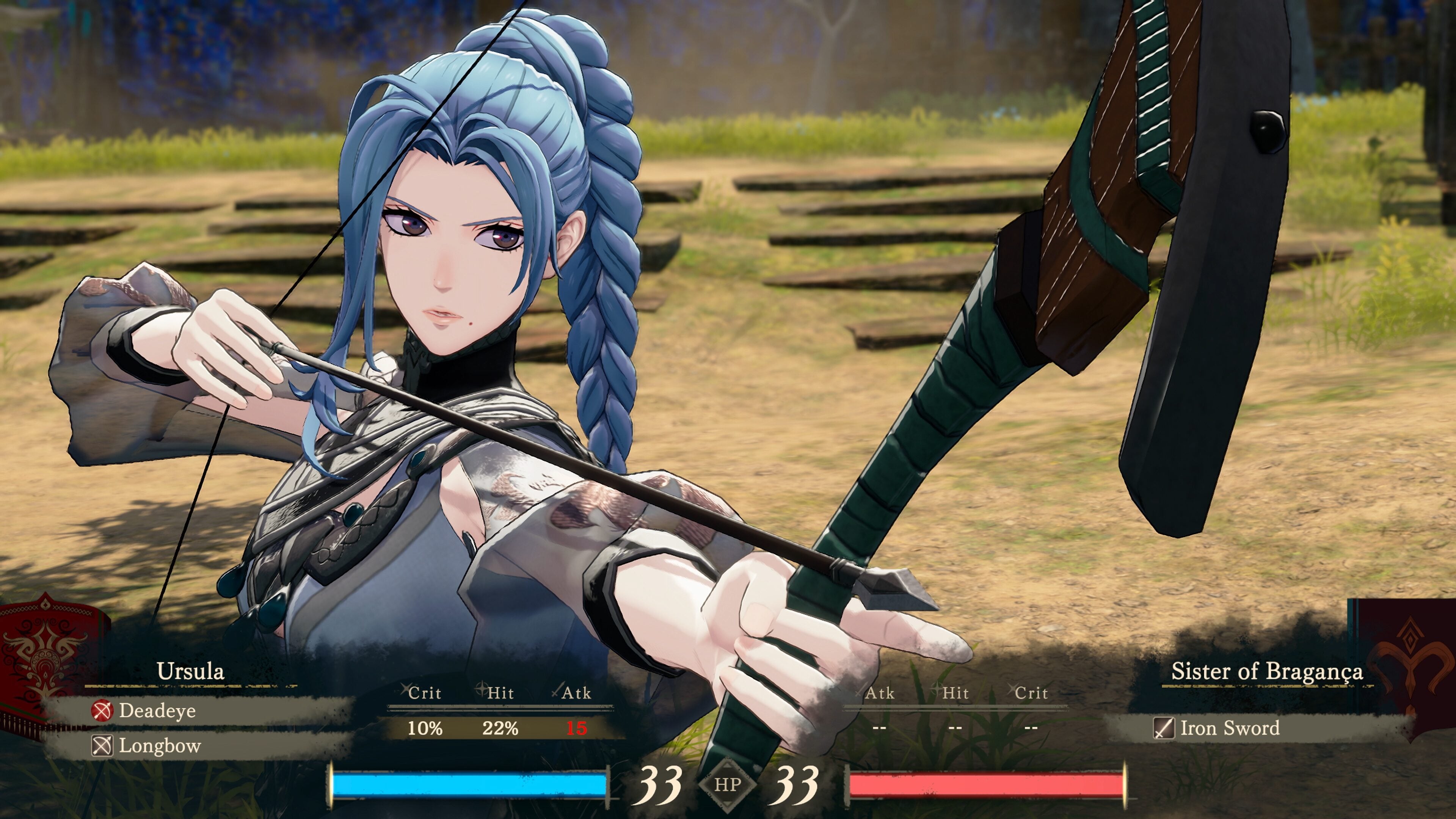 Close-up of Ursula drawing a longbow with the Deadeye art readied