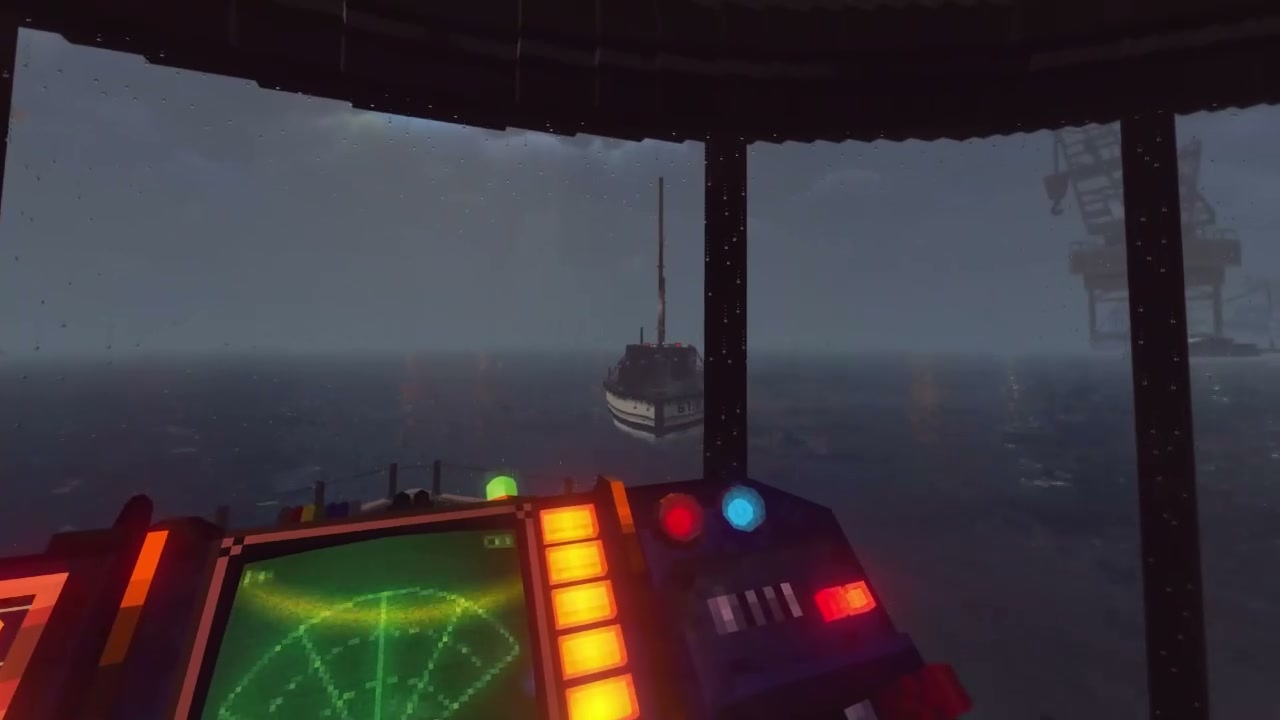 First-person view from the helm of the player boat in the official gameplay video, with a radar screen and console in front and another boat and an offshore rig out in the rain