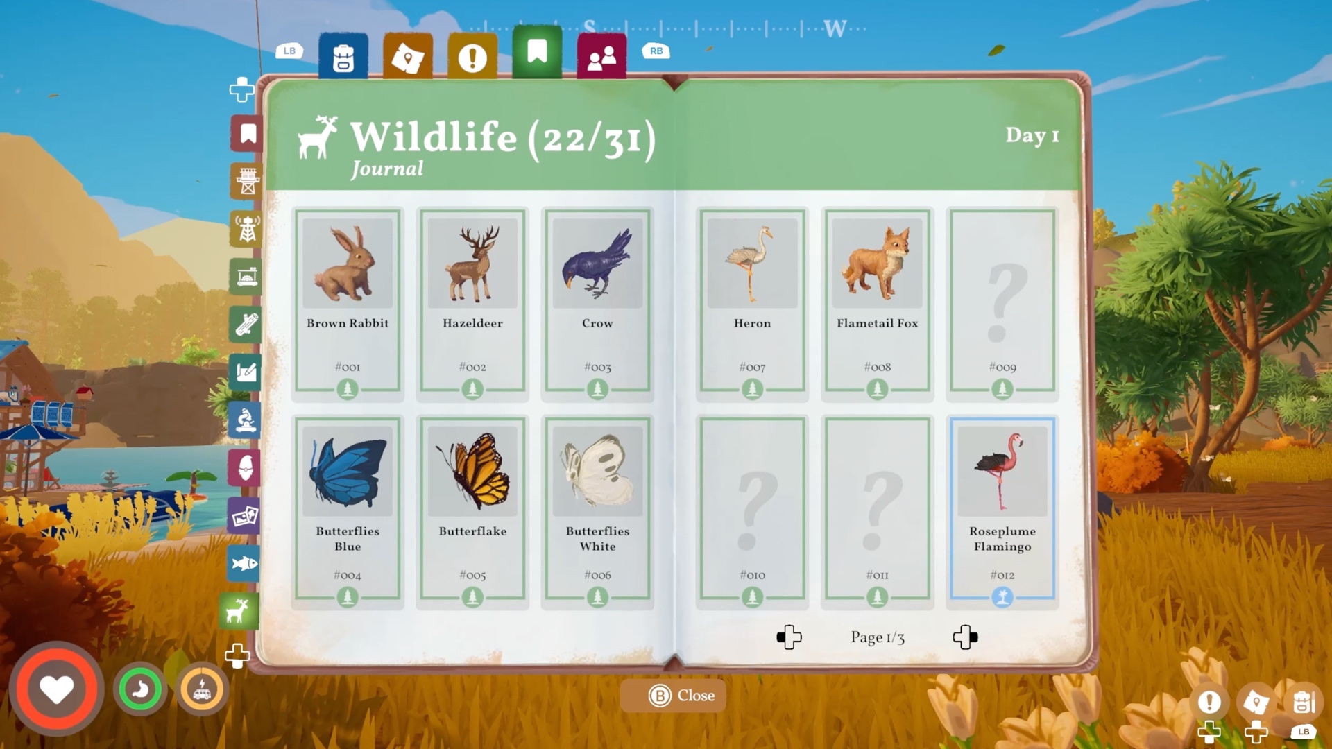 The Wildlife tab of the journal with species cards such as Brown Rabbit, Hazeldeer, Crow, Heron, Flametail Fox and Roseplume Flamingo, and question marks for species not yet photographed