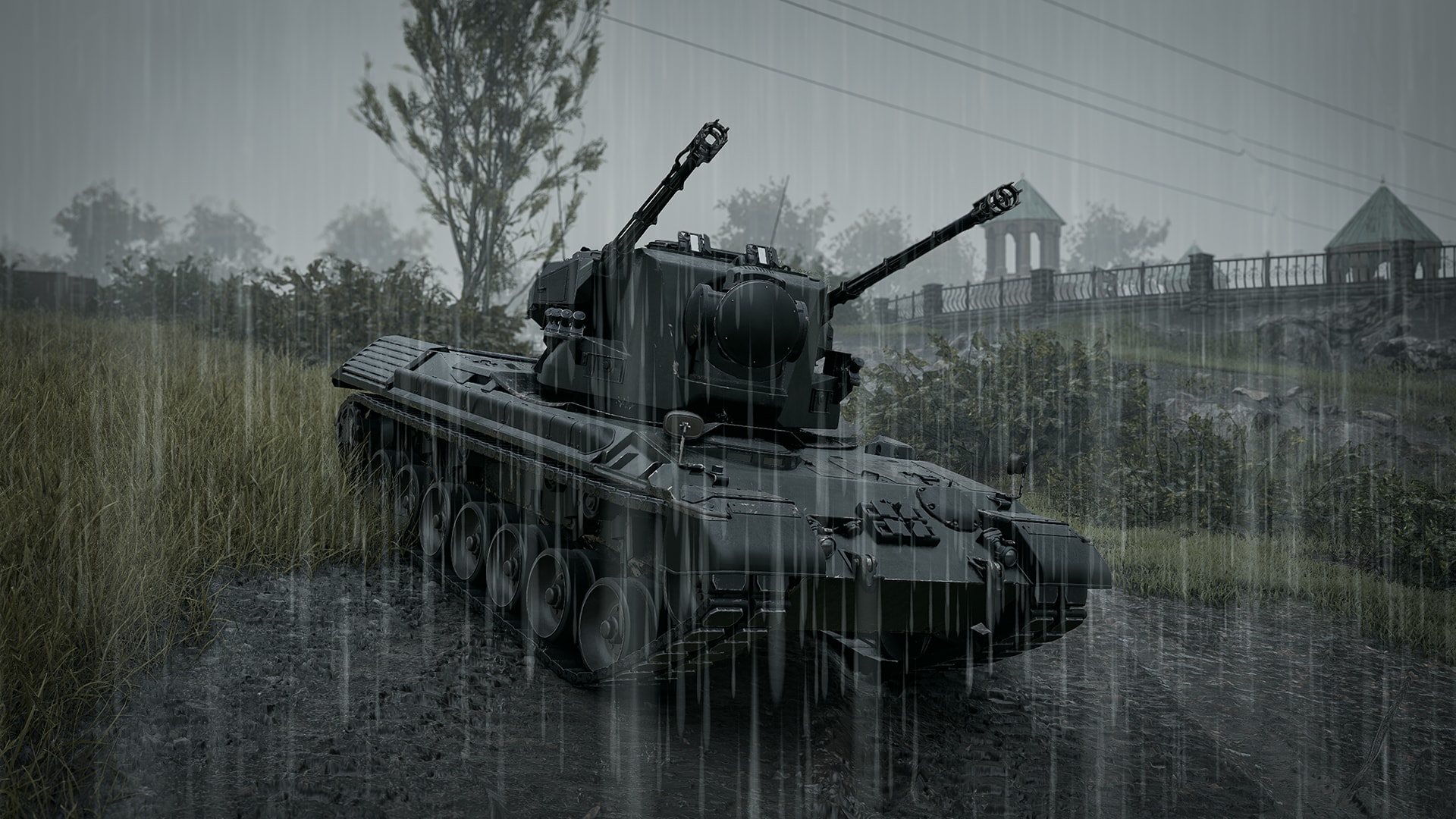 The Flakpanzer Gepard anti-air vehicle with its twin cannons raised, on a muddy track in the rain in WARDOGS