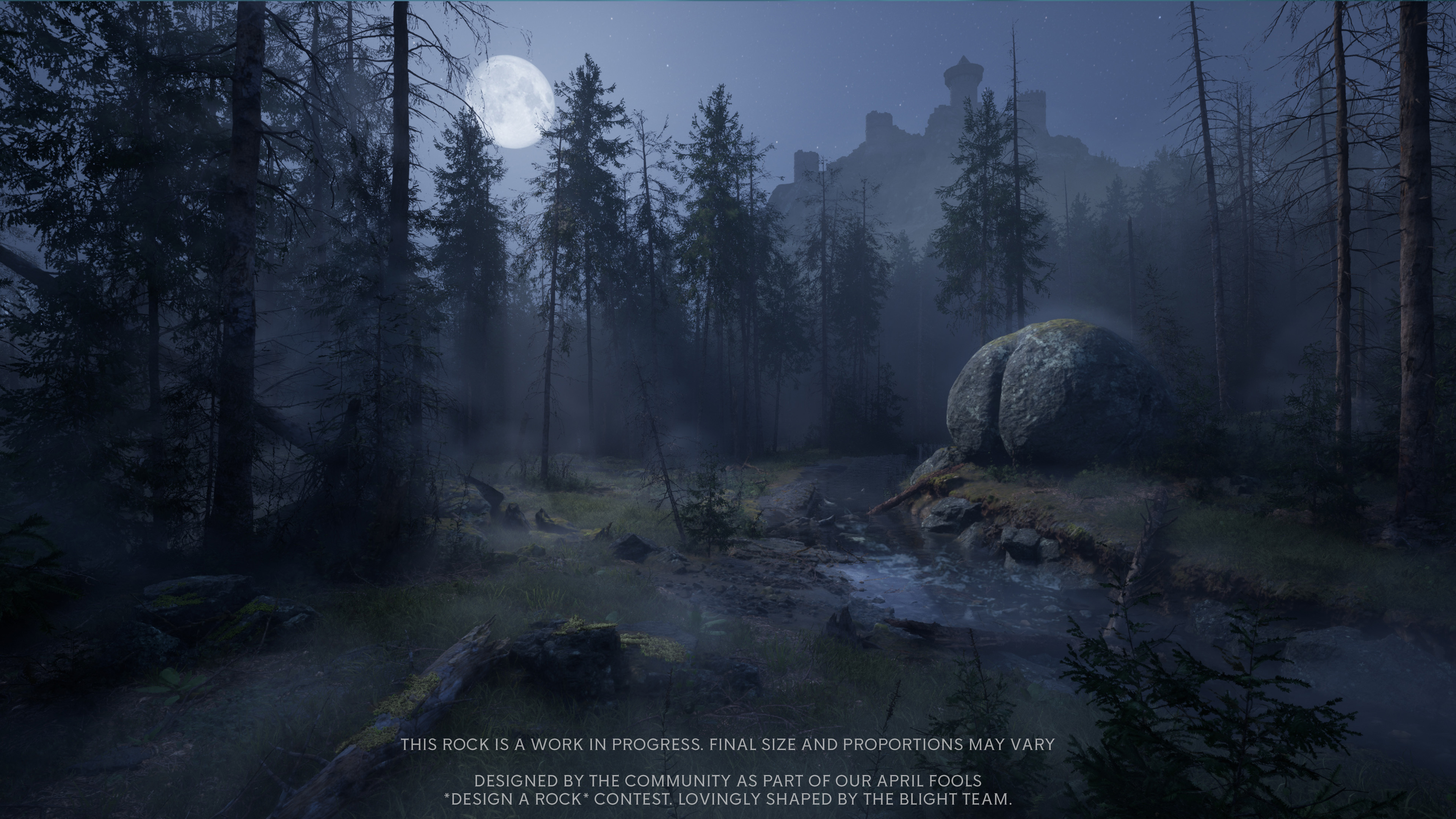 The community-designed rock from the Design a Rock contest placed in a moonlit forest, from the July 2026 developer update