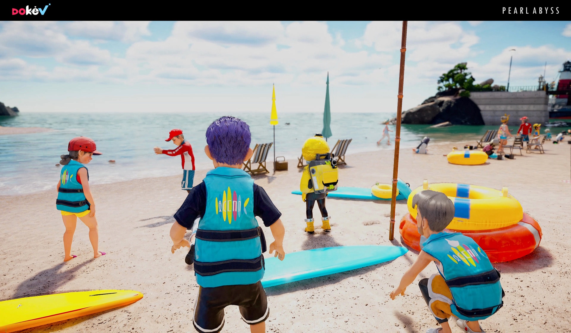 Official DokeV screenshot of characters in life vests carrying surfboards and floats on a beach
