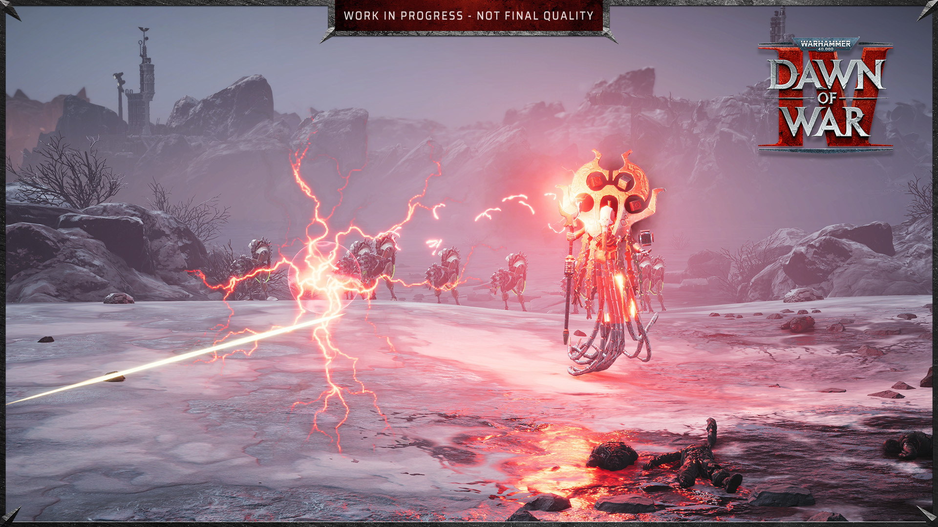 A glowing Necron construct firing a beam across an icy battlefield, lightning arcing from the impact, with lighter constructs following behind, in Warhammer 40,000: Dawn of War IV
