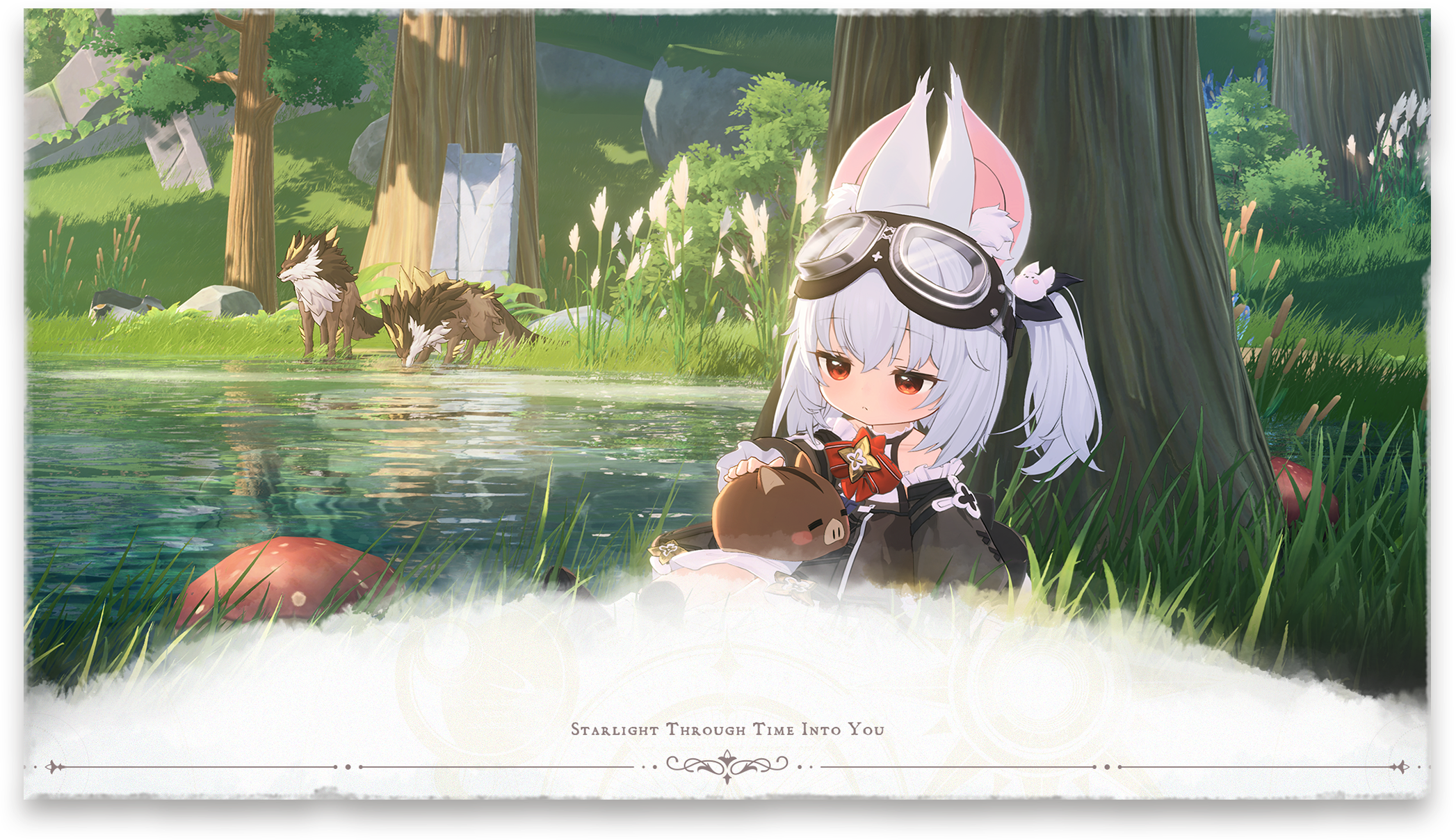 White haired girl with goggles resting by a forest pond with small Kibo in the background