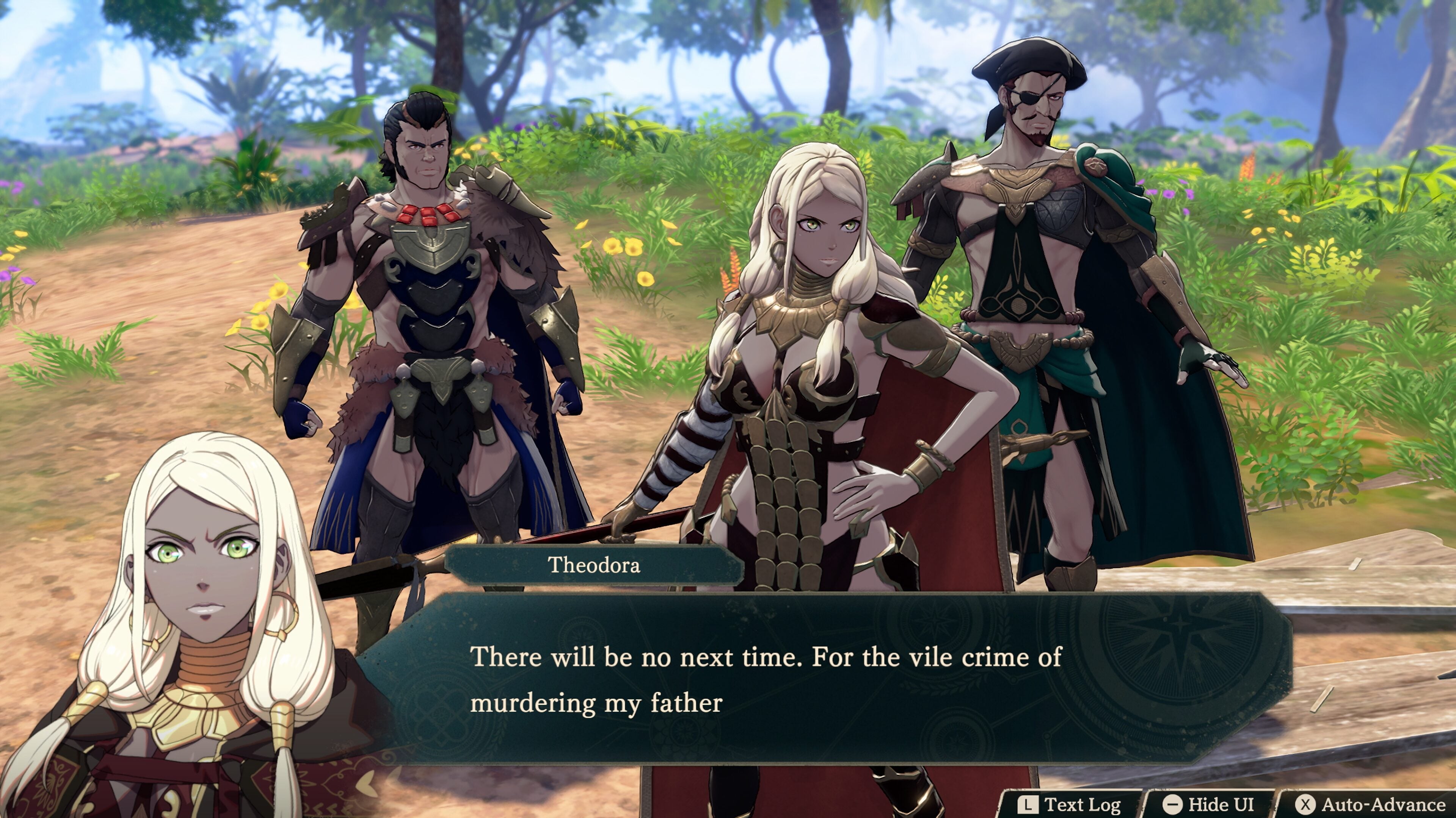 Theodora speaking on a savanna trail flanked by two of her retainers