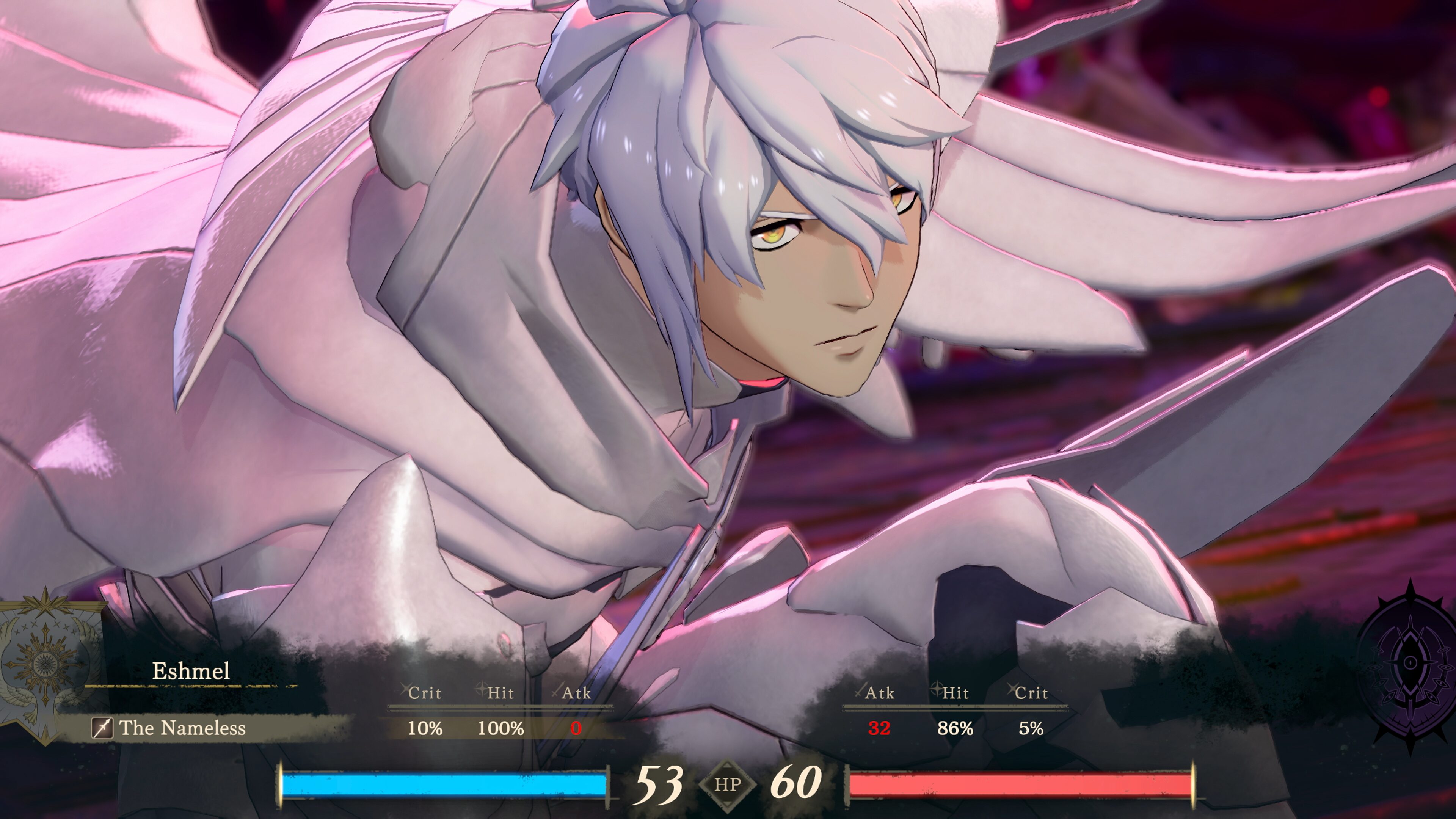 Battle close-up of Eshmel in white feathered plate with The Nameless equipped