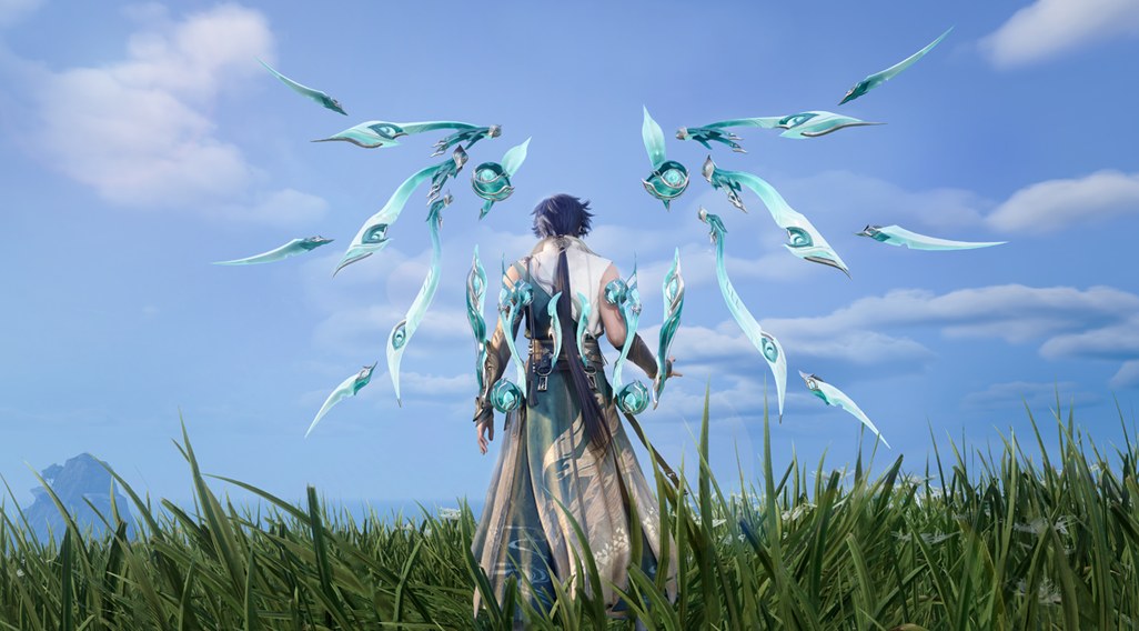 In-game view of the 百翎归序 weapon skin for Master Lu Ban's mechanical wings, spread as teal blade-feathers behind a player character standing in tall grass