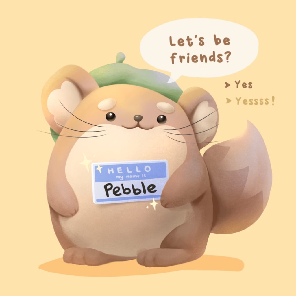 Pebble the chinchilla wearing a green beret and a name badge.
