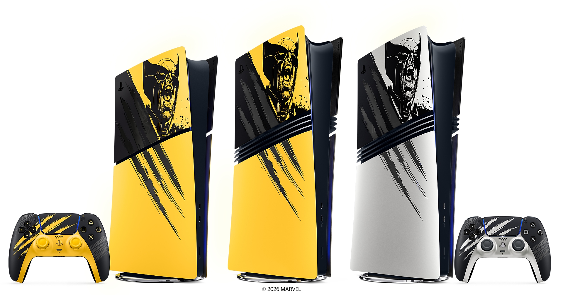 The Limited Edition PlayStation 5 hardware range in Battle Yellow and Adamantium finishes, three consoles with claw-slash artwork flanked by two matching wireless controllers