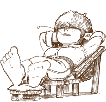 Concept sketch of a Halfling woman reclining barefoot on a low bench