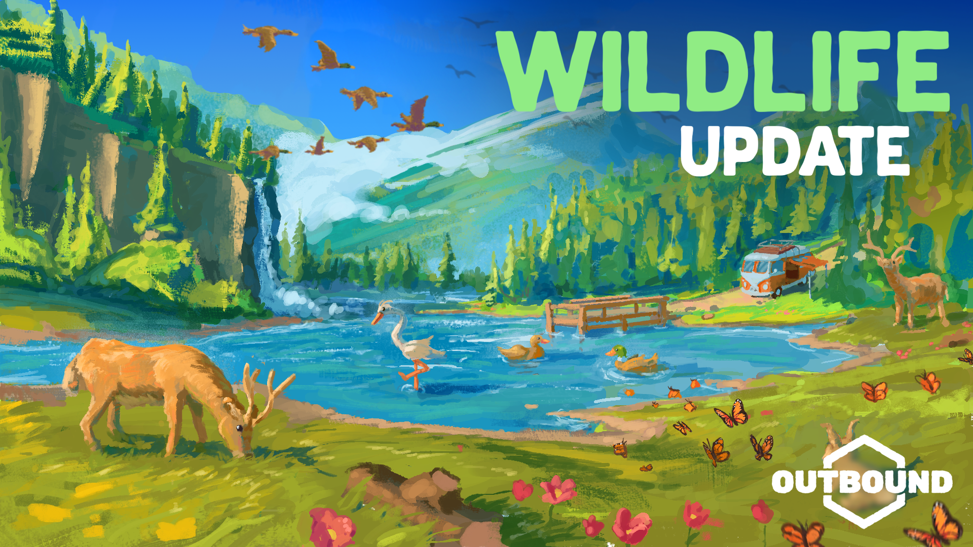 Outbound Wildlife Update key art from the September 2026 teaser: a painted lakeside scene with a grazing deer, a heron and ducks in the water, geese overhead, butterflies in the flowers, and the camper van parked on the far shore