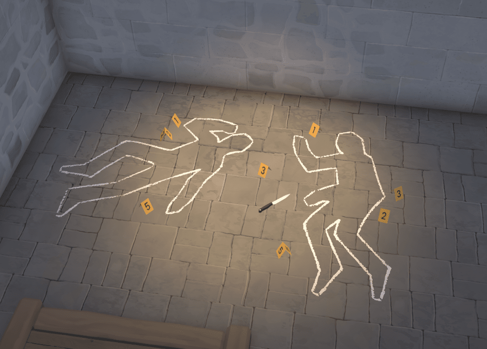 Crime-scene themed items previewed on September 15, 2026 for the Paralives major update: two chalk body outlines, numbered evidence markers and a knife on a stone floor