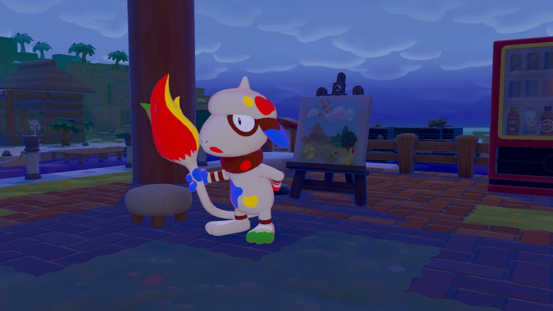 A beautifully decorated Pokemon habitat with themed furniture, plants, and visiting Pokemon