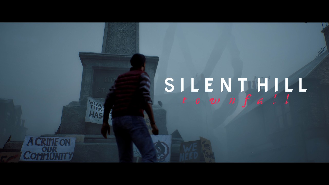 Launch Trailer title card: Simon Ordell in the fog before the town square memorial and its protest placards, a vast shape looming behind the rooftops