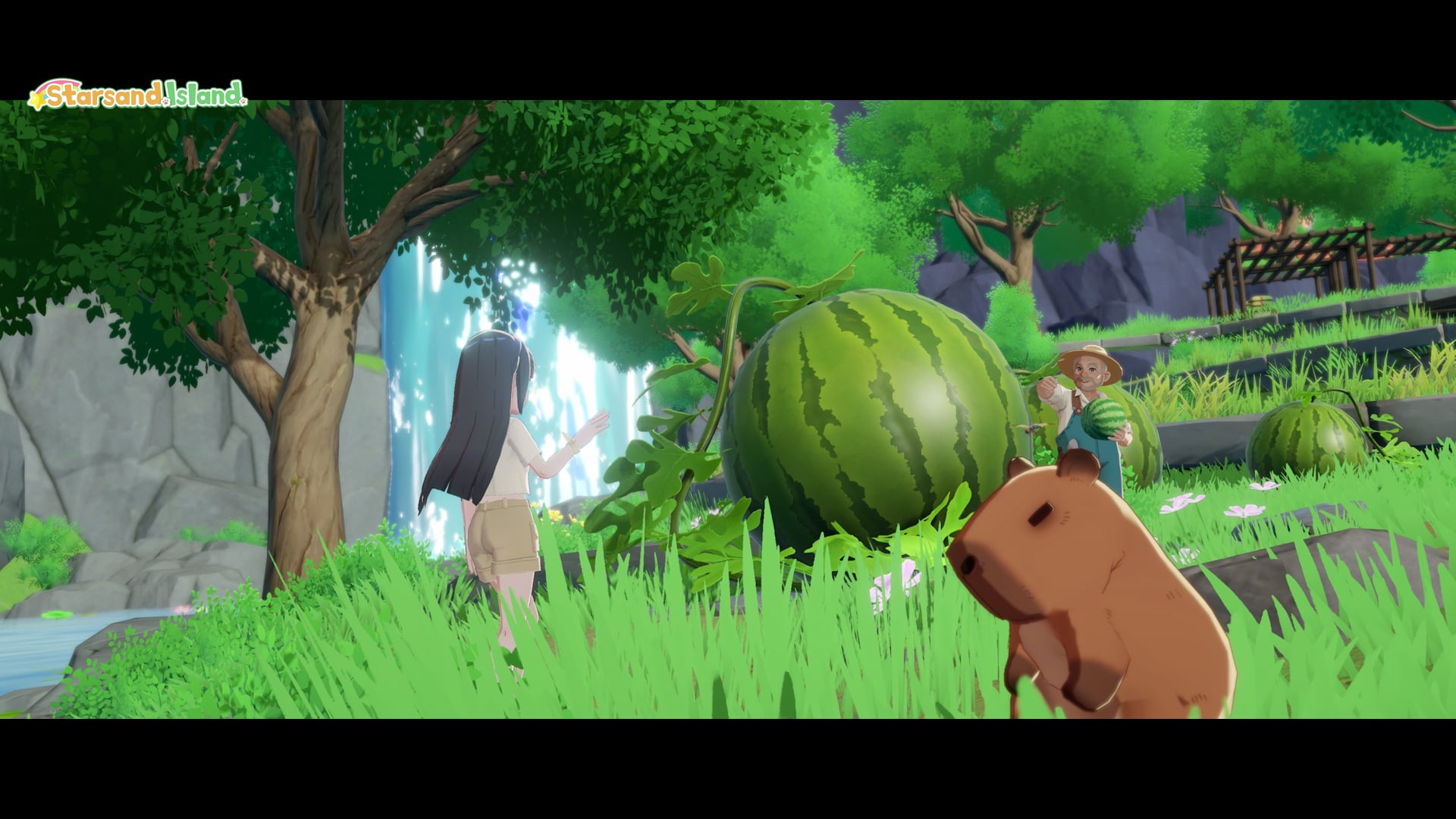 A giant Gmax watermelon with a capybara mount and NPC companion nearby