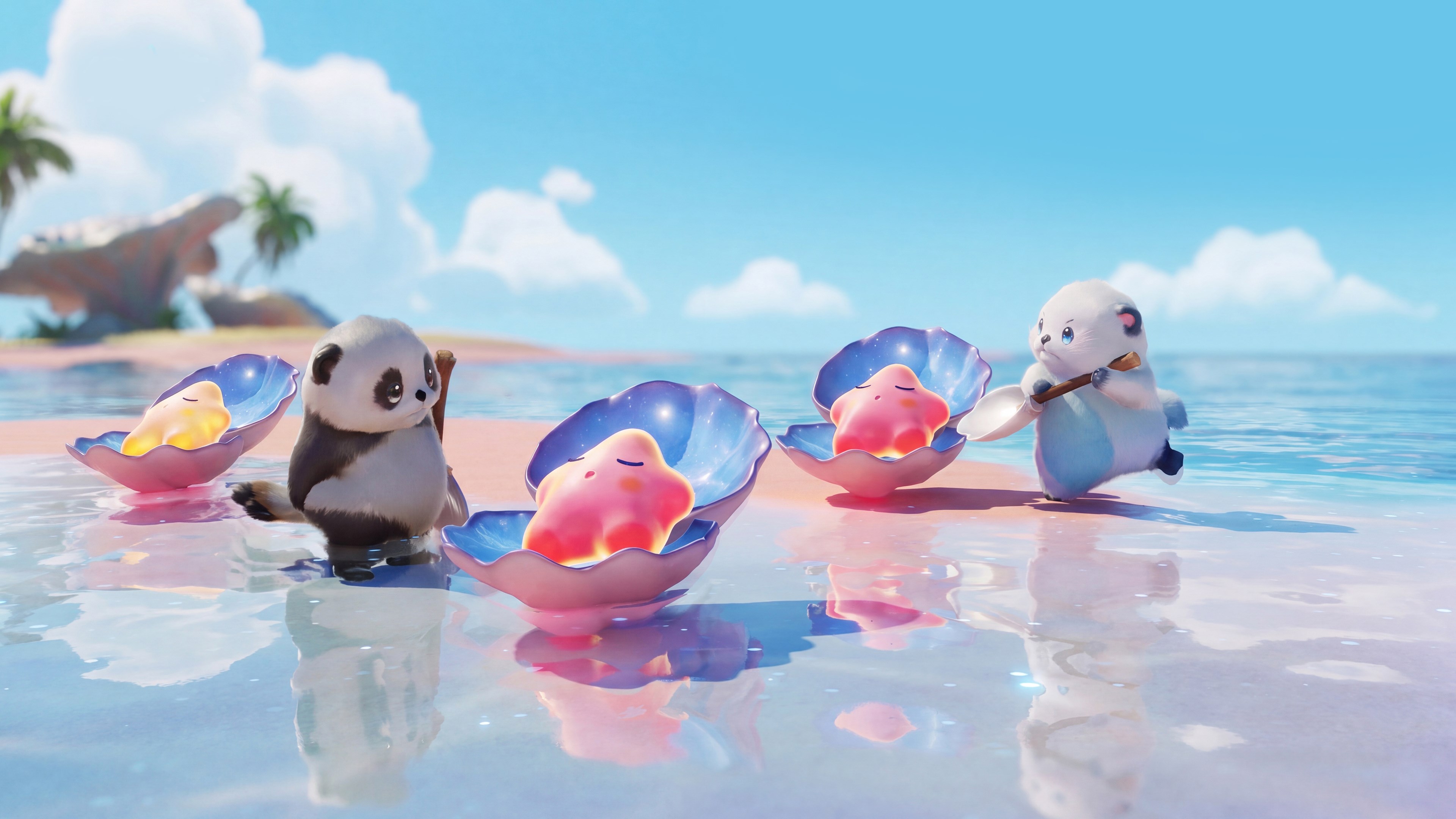Small Aniimo resting inside glowing open shells in warm shallow water under a bright sky