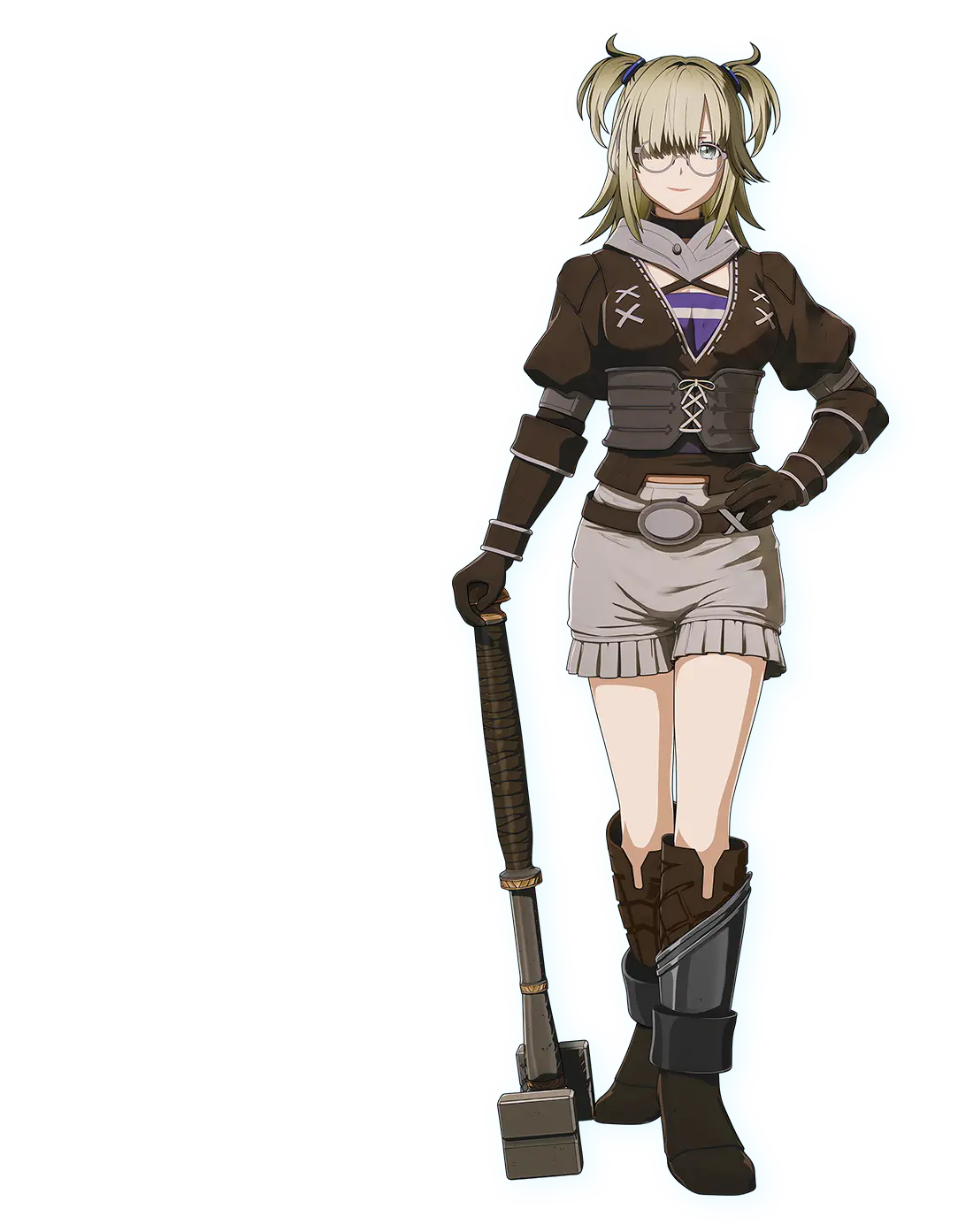 Stina official character render, a quiet exchange student in dark leather armor resting on a mace