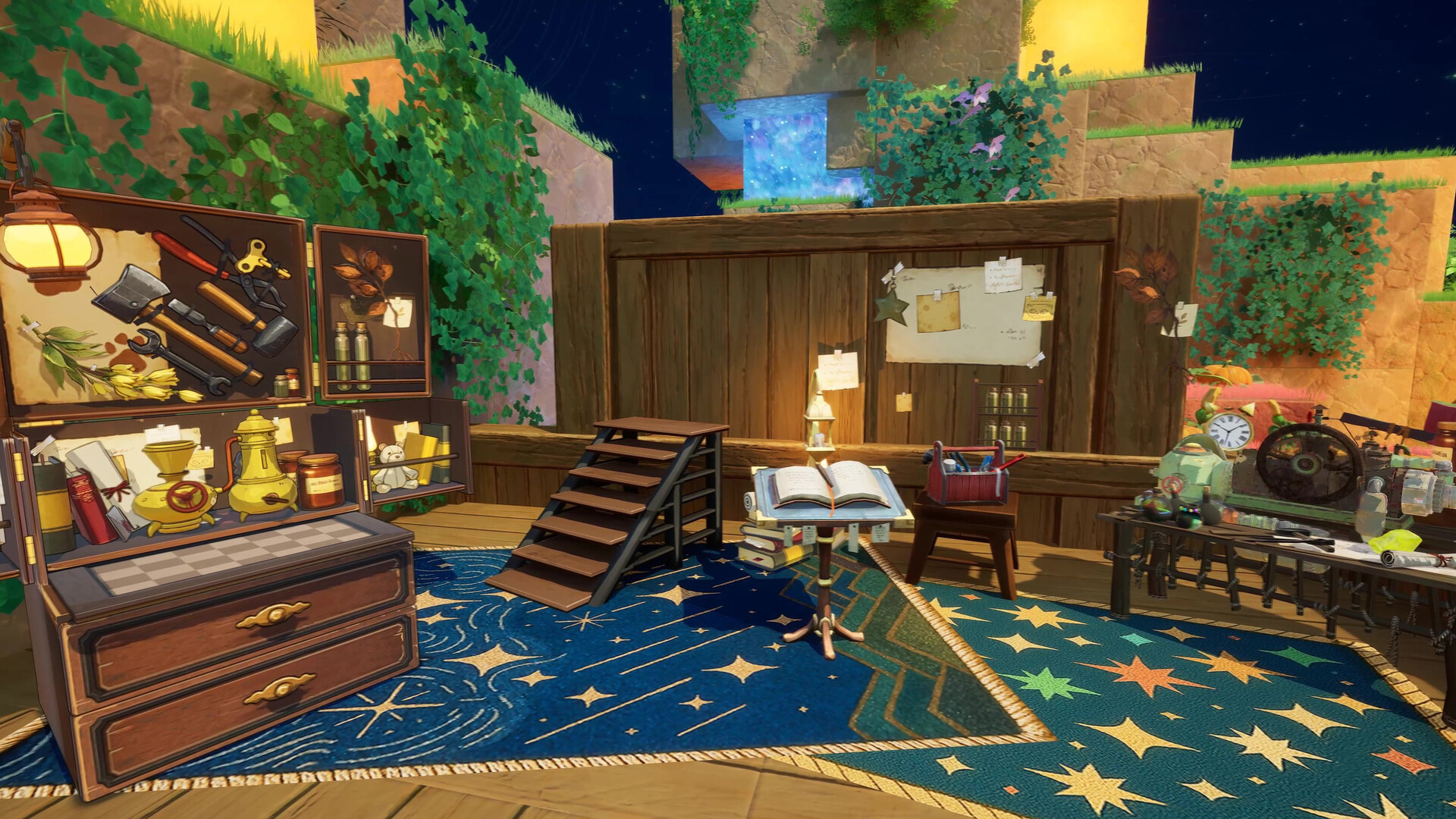 An interior workshop room with tool cabinets, a desk and a star-patterned rug