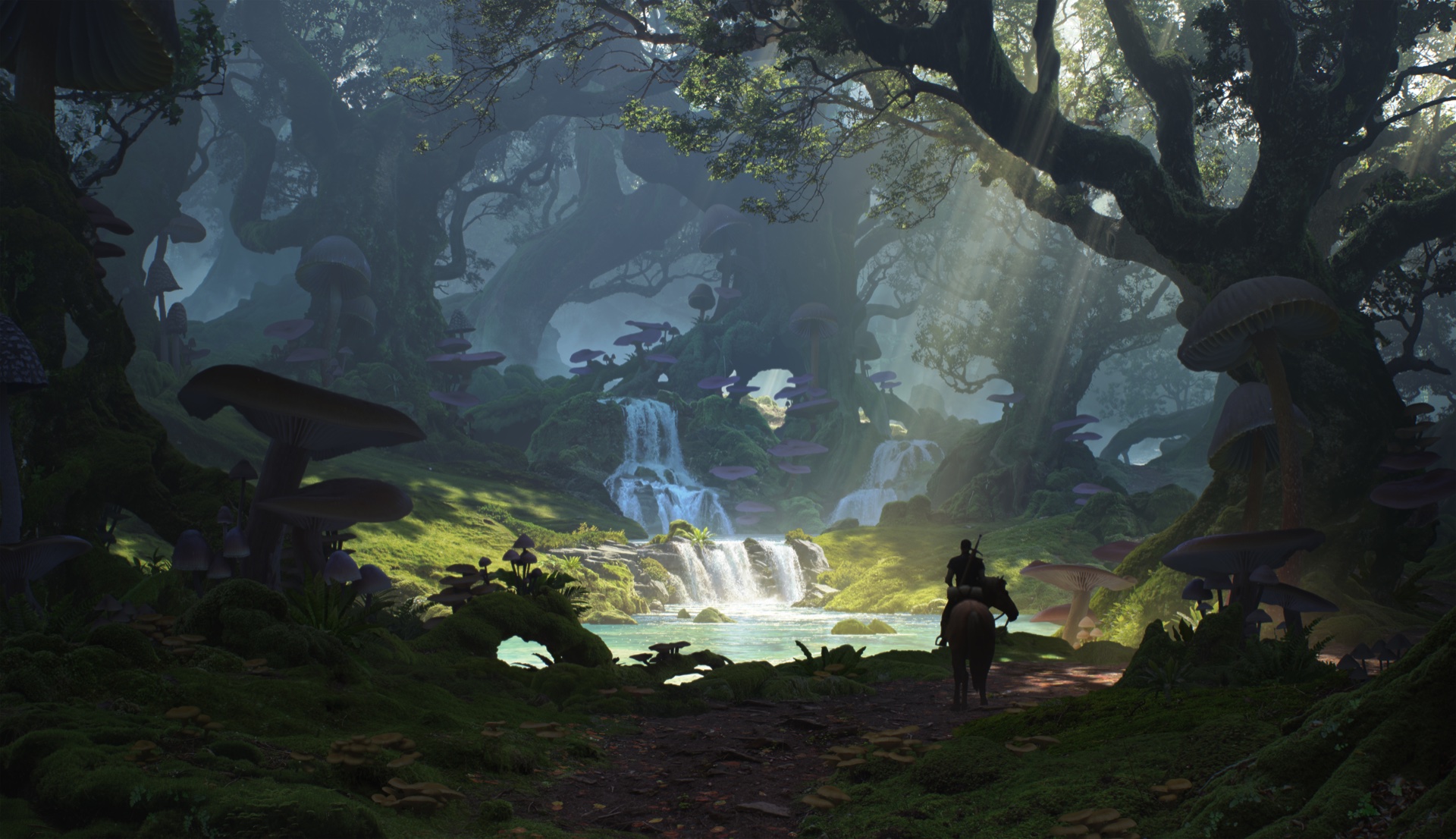 A rider on horseback in an ancient forest of giant trees and oversized mushrooms beside a pool fed by waterfalls