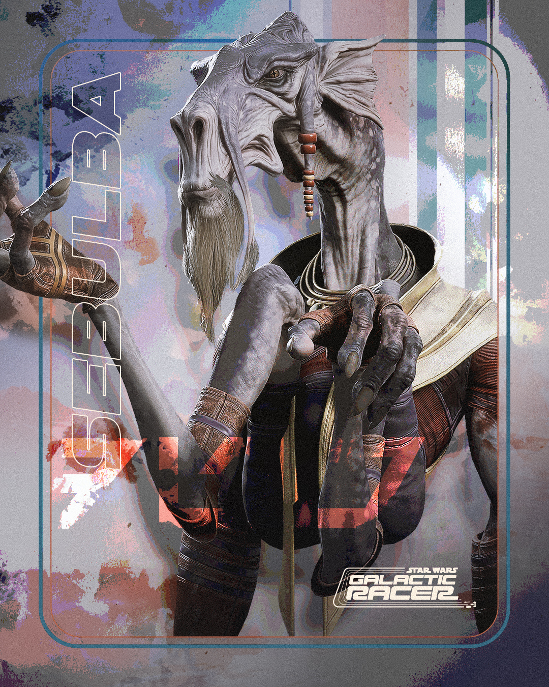 Official character art of Sebulba, the grey-skinned Dug podracer, with beaded braids hanging from his head