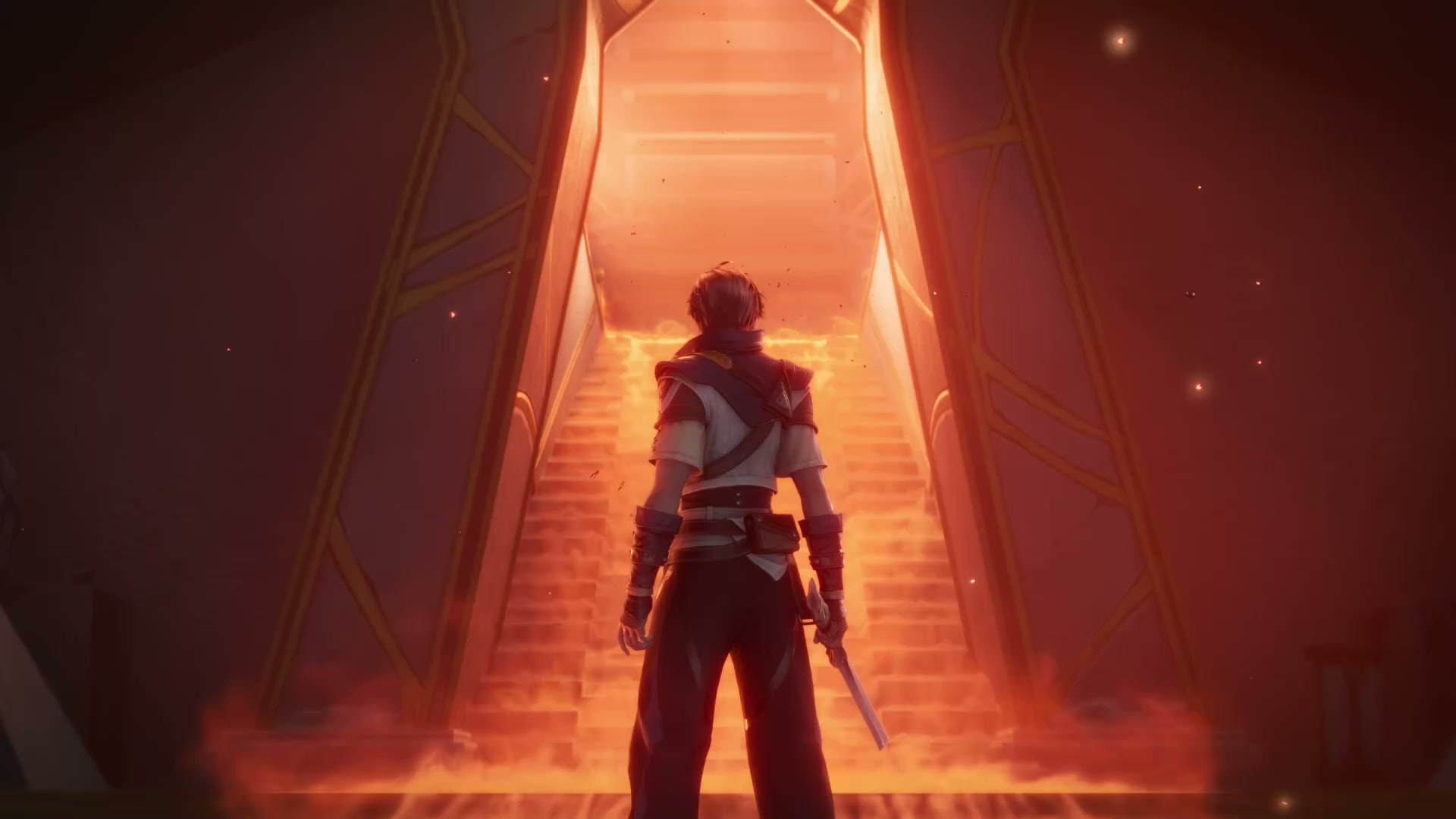 Frame from the official Bringer concept site cinematic: a lone figure with a sword at his side stands at the foot of a tall staircase that glows orange inside a gold framed doorway