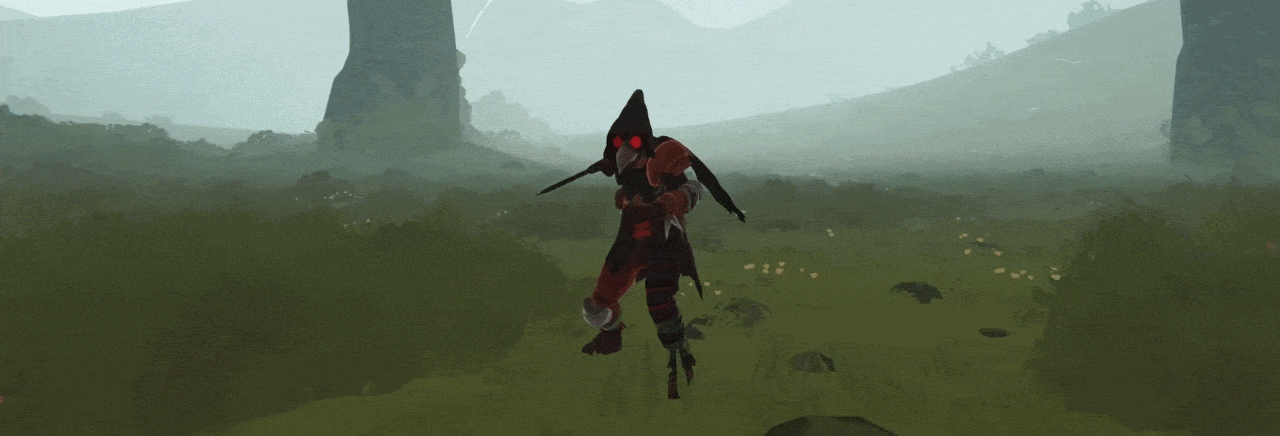 Animated teaser of the hero the community calls the Plague Doctor: a hooded figure in a beaked mask with glowing red eyes, carrying a long blade across a misty grassland