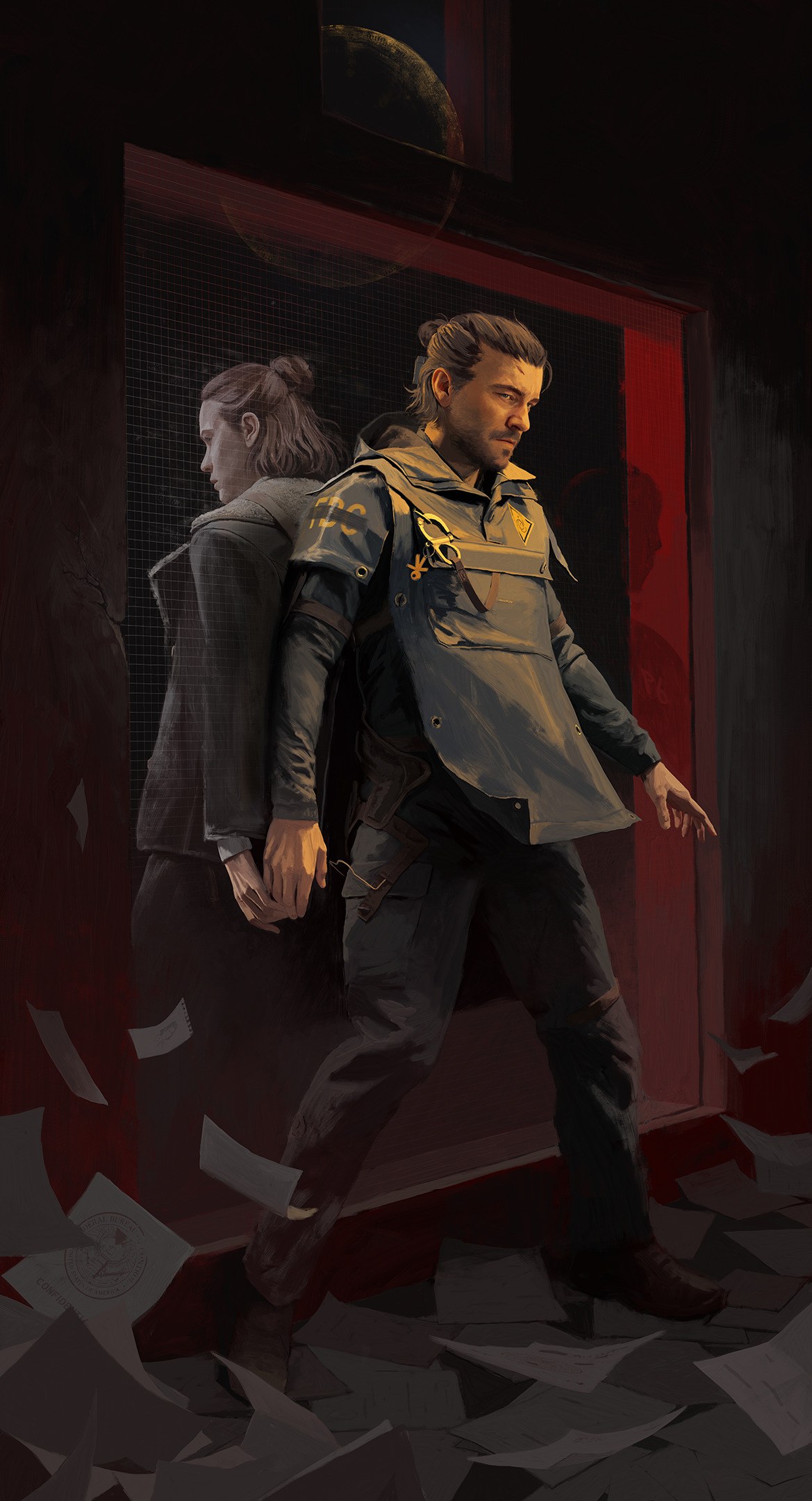 Official launch artwork of Jesse Faden and her brother Dylan Faden stepping out of a red-framed doorway