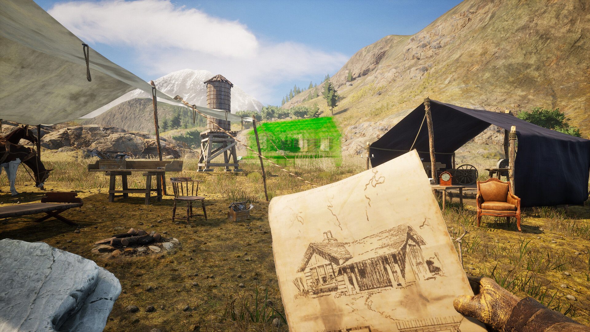 First-person view in Westlanders of a player holding a building blueprint sketch while placing a structure at a camp with tents and a water tower