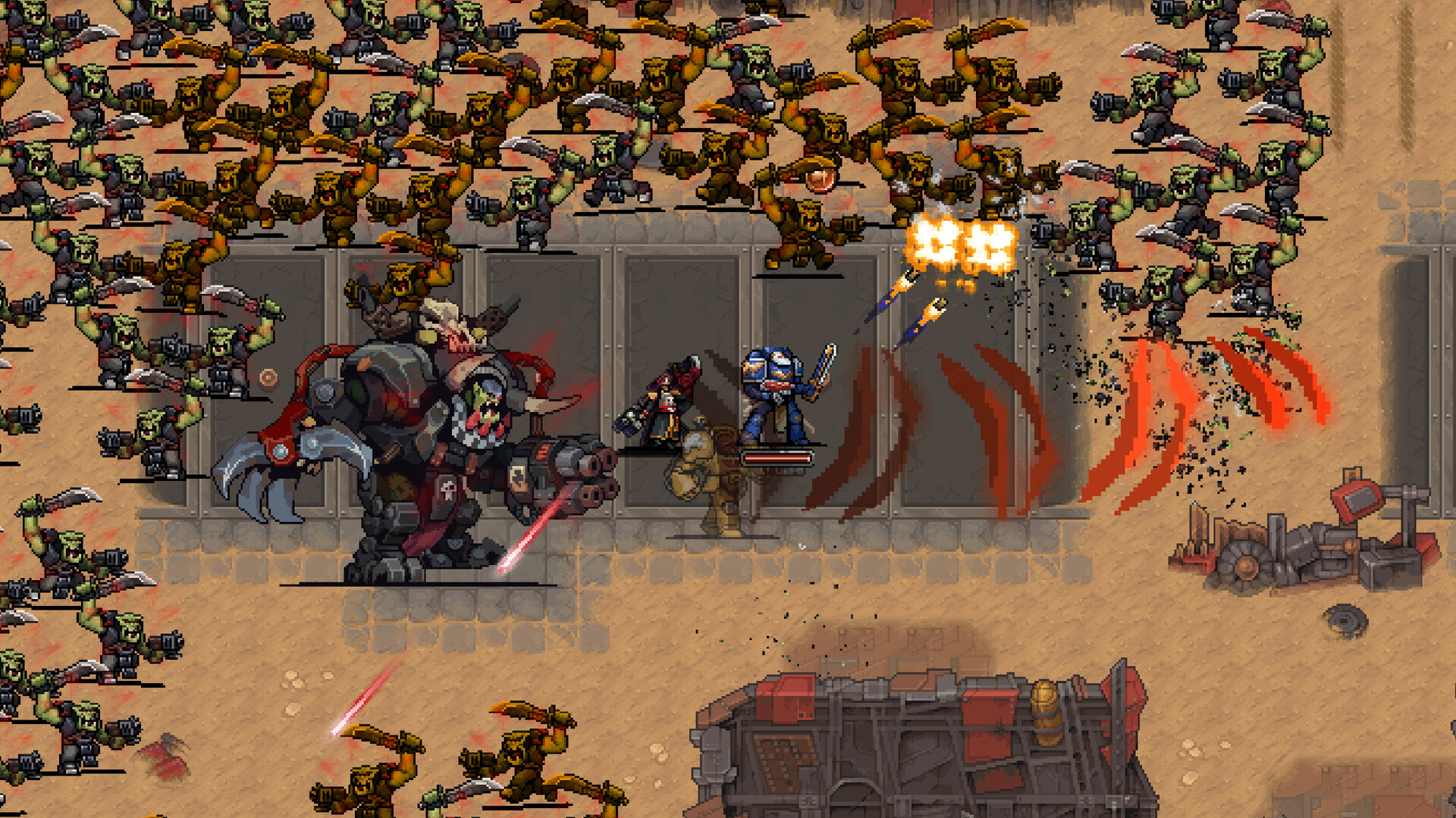 A huge Ork boss leading an Ork horde against a Space Marine in a desert stronghold in Warhammer Survivors