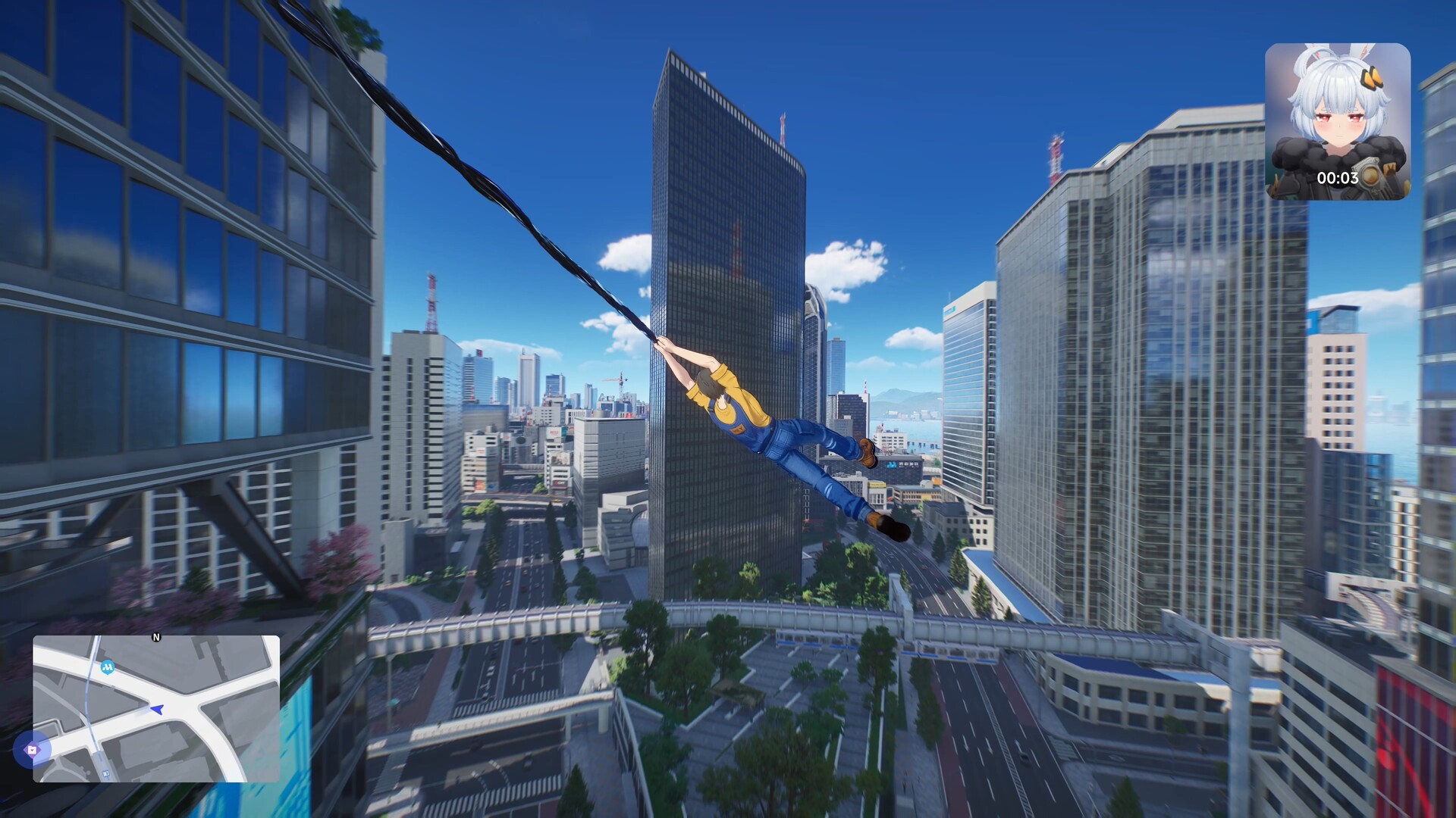 Swinging between Nova City skyscrapers on a grapple line, with the minimap and a character timer on screen
